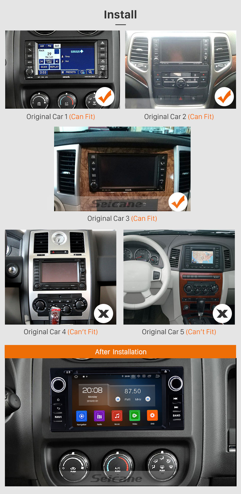 Seicane 7 inch 2005-2011 Jeep Grand Cherokee/Wrangler/Compass/Commander Android 9.0 GPS Navigation Radio Bluetooth Touchscreen Carplay support 1080P Video Seicane 7 inch 2005-2011 Jeep Grand Cherokee/Wrangler/Compass/Commander Android 9.0 GPS Navigation Radio Bluetooth Touchscreen Carplay support 1080P Video