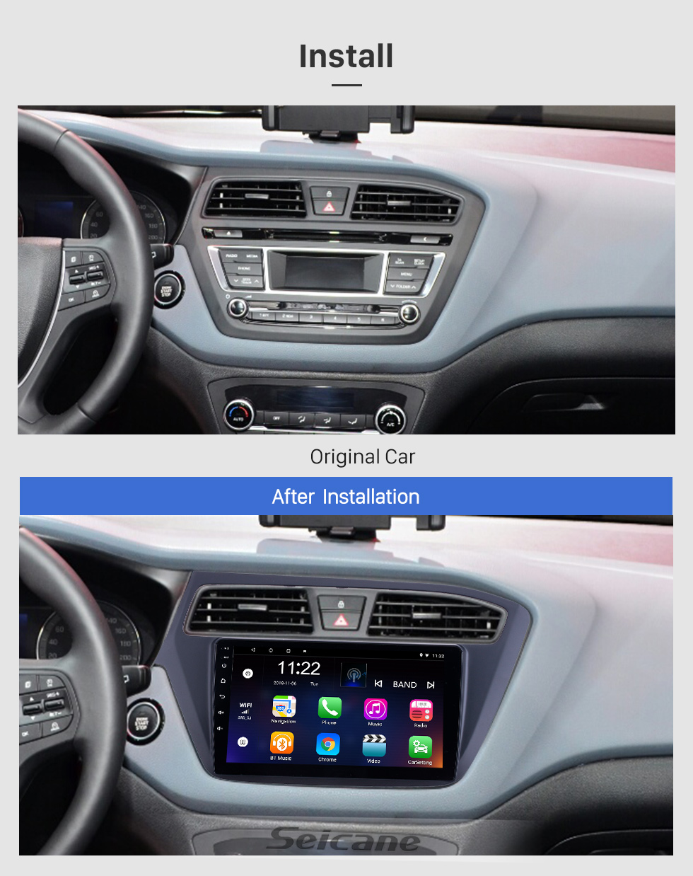 Seicane 2018-2019 Hyundai i20 LHD Android 8.1 Tela Sensível Ao Toque de 9 polegada Unidade de Cabeça Bluetooth GPS Navegação Rádio com suporte AUX WIFI OBD2 DVR SWC Carplay Seicane 2018-2019 Hyundai i20 LHD Android 8.1 Tela Sensível Ao Toque de 9 polegada Unidade de Cabeça Bluetooth GPS Navegação Rádio com suporte AUX WIFI OBD2 DVR SWC Carplay