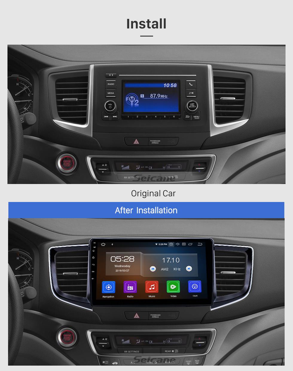 Seicane 10.1 inch Android 9.0 Radio for 2016-2018 Honda Pilot Bluetooth HD Touchscreen GPS Navigation Carplay support Backup camera Seicane 10.1 inch Android 9.0 Radio for 2016-2018 Honda Pilot Bluetooth HD Touchscreen GPS Navigation Carplay support Backup camera