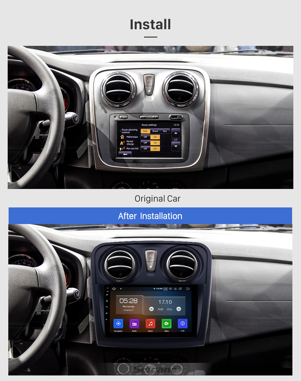 Seicane 2012-2017 Renault Dacia Sandero Android 9.0 9 Zoll GPS Navigationsradio Bluetooth HD Bildschirm- Carplayunterstützung TPMS 1080P Seicane 2012-2017 Renault Dacia Sandero Android 9.0 9 Zoll GPS Navigationsradio Bluetooth HD Bildschirm- Carplayunterstützung TPMS 1080P