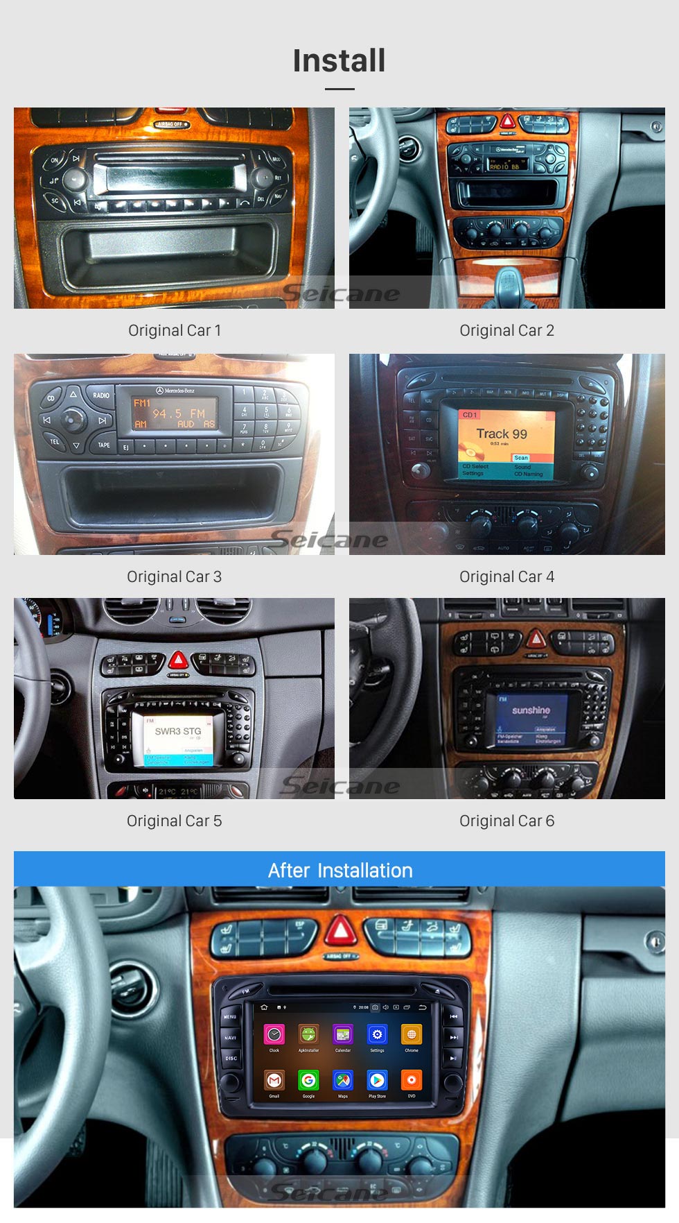 Seicane 7 inch Android 9.0 HD Touchscreen GPS Navigation Radio for 1998-2006 Mercedes Benz CLK-Class W209/G-Class W463 with Carplay Bluetooth support 1080P Video Seicane 7 inch Android 9.0 HD Touchscreen GPS Navigation Radio for 1998-2006 Mercedes Benz CLK-Class W209/G-Class W463 with Carplay Bluetooth support 1080P Video