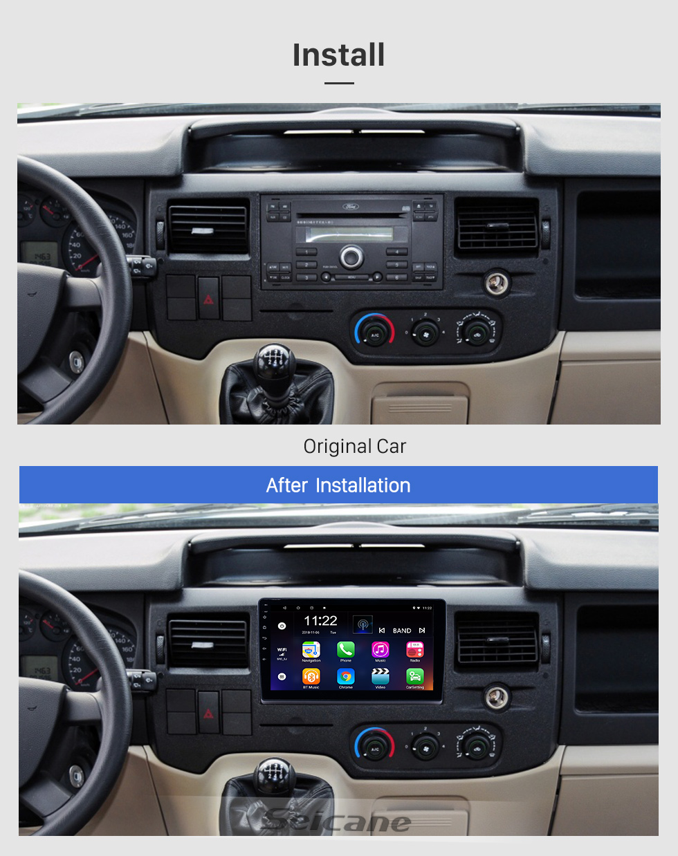 Seicane 10,1 pouces Android 8.1 Radio de navigation GPS pour 2009-2019 Ford New Transit avec support tactile HD Bluetooth prend en charge le contrôle de volant Carplay Seicane 10,1 pouces Android 8.1 Radio de navigation GPS pour 2009-2019 Ford New Transit avec support tactile HD Bluetooth prend en charge le contrôle de volant Carplay