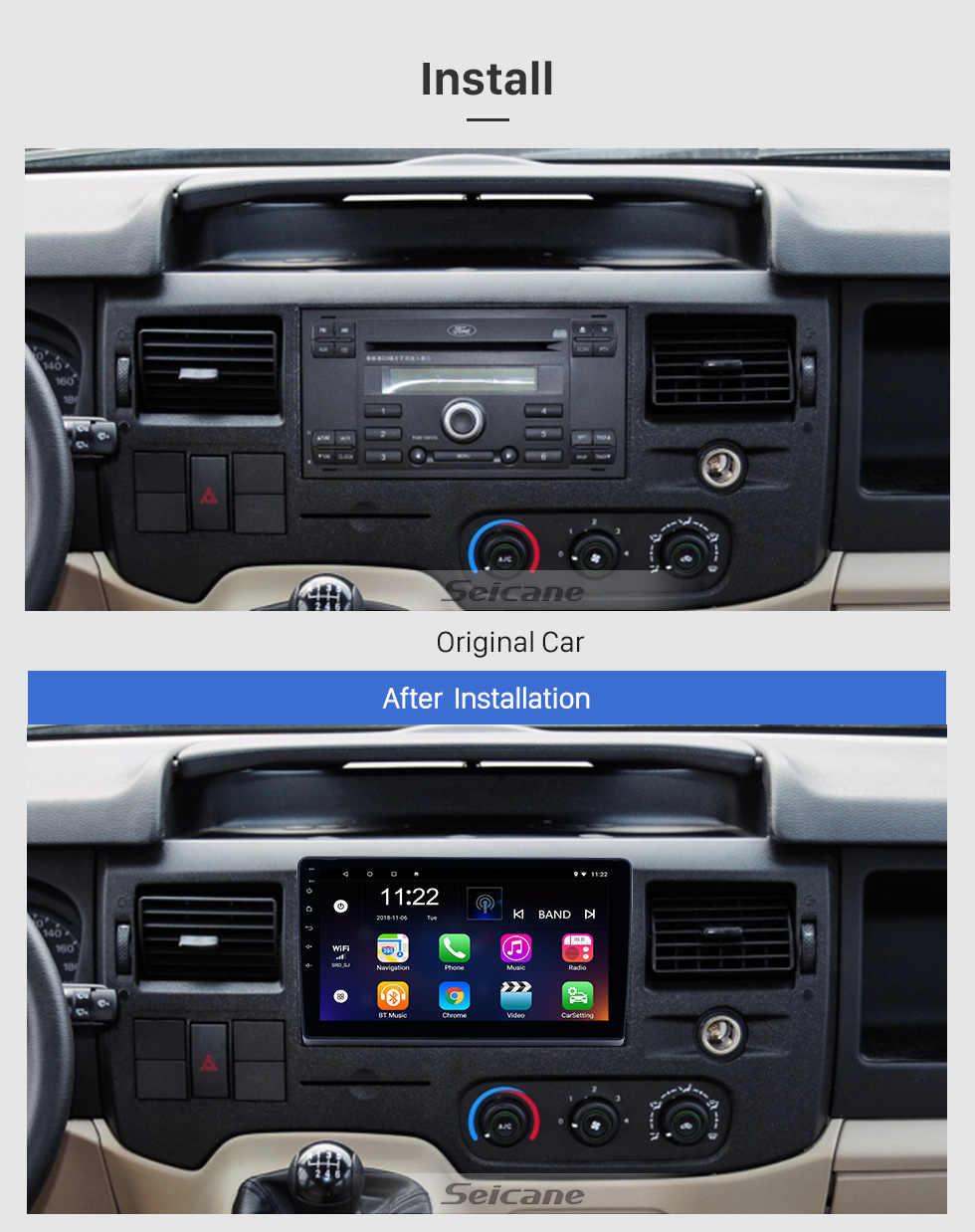 Seicane 10,1 pouces Android 9.0 Radio de navigation GPS pour 2009-2019 Ford New Transit Bluetooth HD écran tactile AUX Carplay support caméra de recul Seicane 10,1 pouces Android 9.0 Radio de navigation GPS pour 2009-2019 Ford New Transit Bluetooth HD écran tactile AUX Carplay support caméra de recul