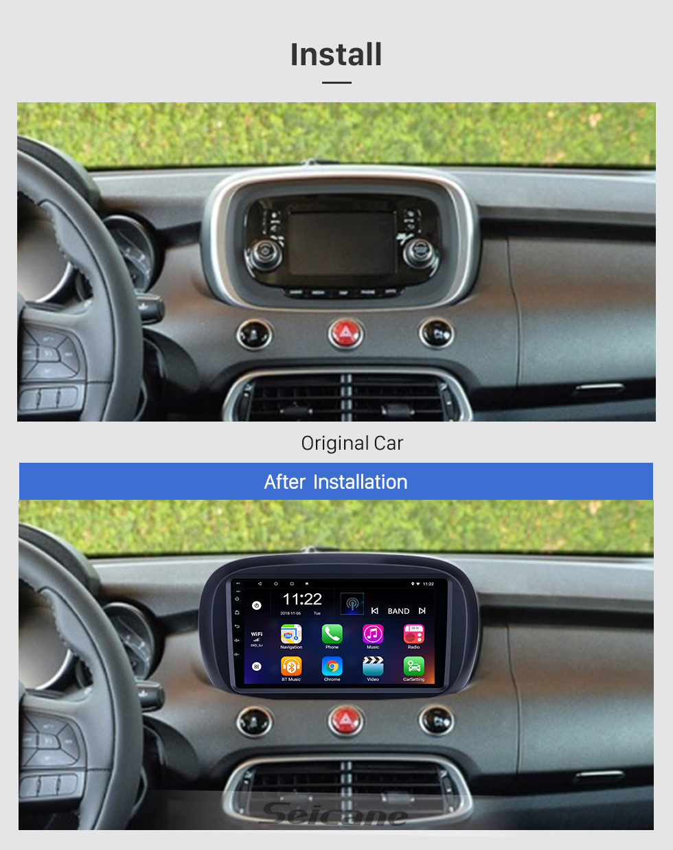Seicane 2014-2019 Fiat 500X Android 8.1 HD Touchscreen 9 Zoll AUX Bluetooth WIFI USB GPS Navigationsradio Unterstützung SWC Carplay Seicane 2014-2019 Fiat 500X Android 8.1 HD Touchscreen 9 Zoll AUX Bluetooth WIFI USB GPS Navigationsradio Unterstützung SWC Carplay