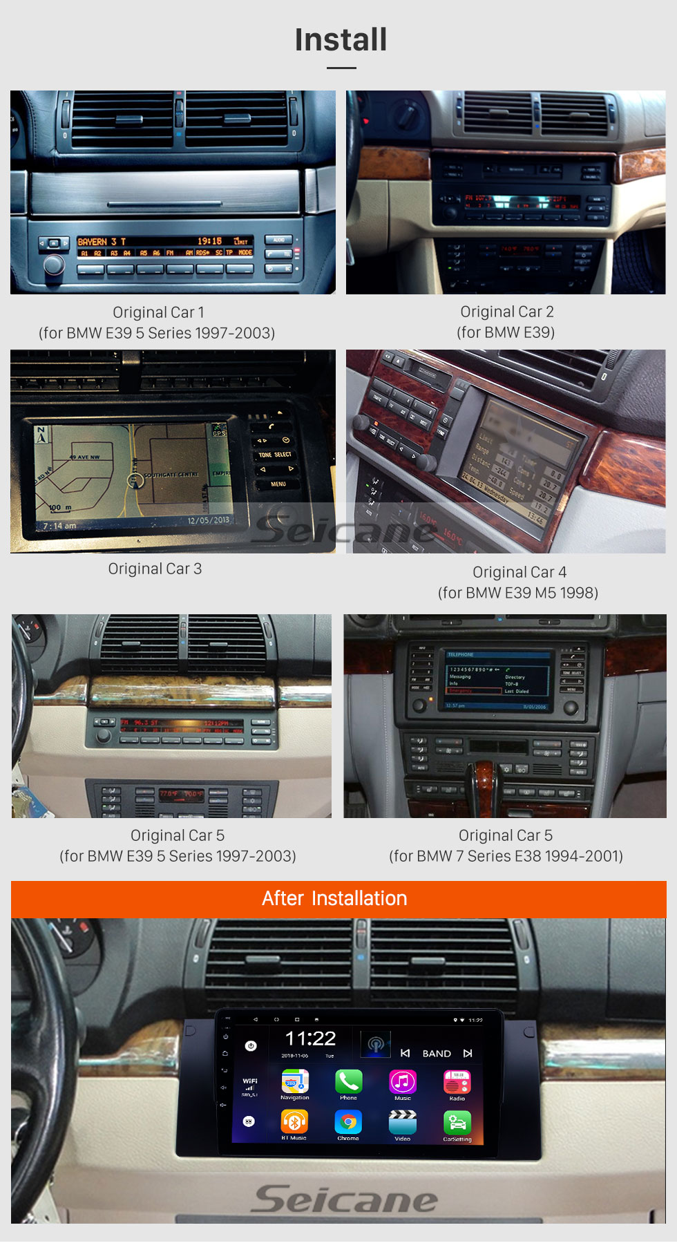 Seicane 1995-2003 BMW 5 серии E39 / X5 E53 Android 8.1 HD с сенсорным экраном 9 дюймов AUX Bluetooth GPS навигация Поддержка радио SWC Carplay Seicane 1995-2003 BMW 5 серии E39 / X5 E53 Android 8.1 HD с сенсорным экраном 9 дюймов AUX Bluetooth GPS навигация Поддержка радио SWC Carplay