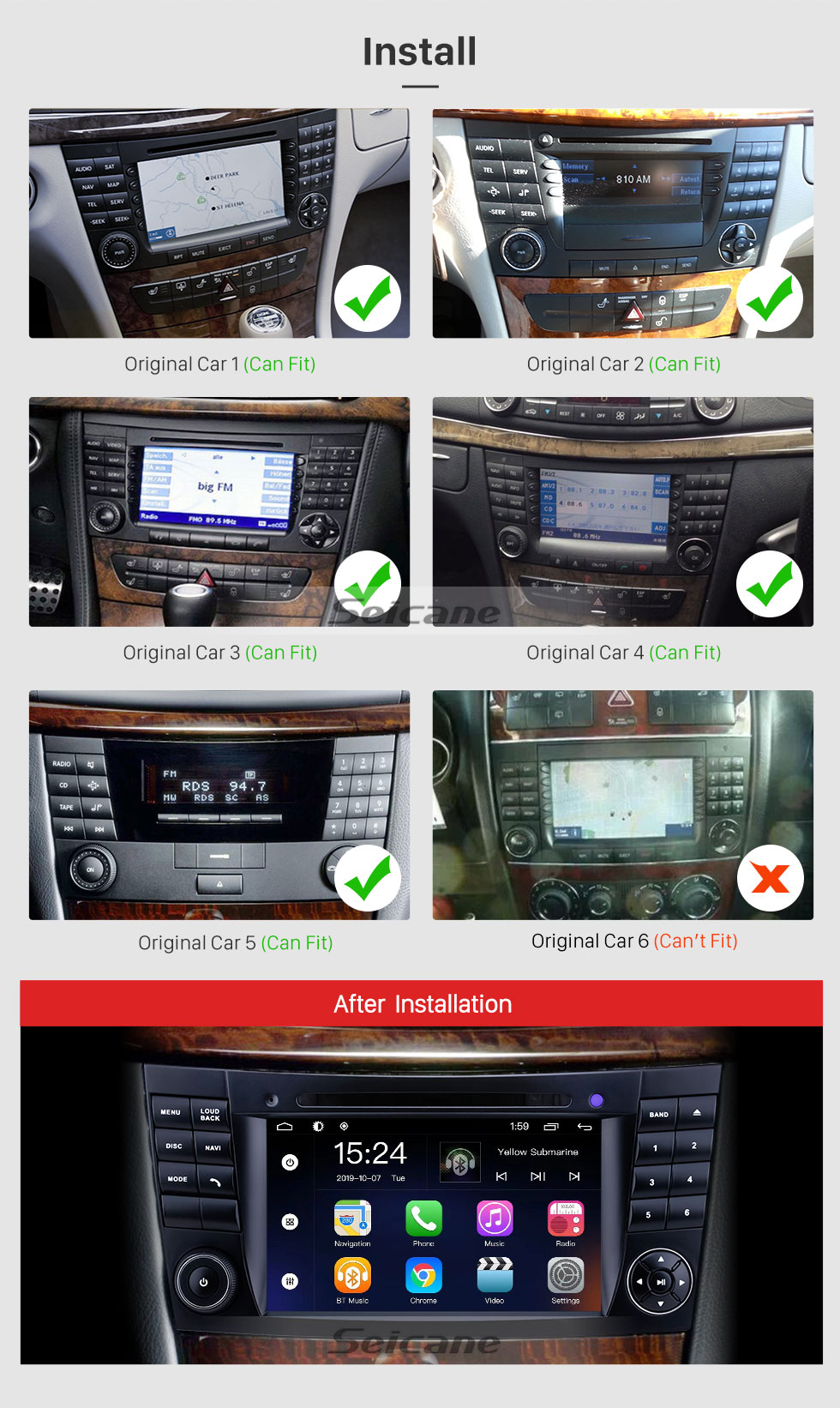 Seicane Für 2001 2002 2003-2011 Mercedes Benz E-Klasse W211 / CLK W209 / G-Klasse W463 / CLS W219 Radio 7 Zoll Android 9.0 GPS Navigationssystem mit HD Touchscreen Bluetooth Unterstützung Carplay