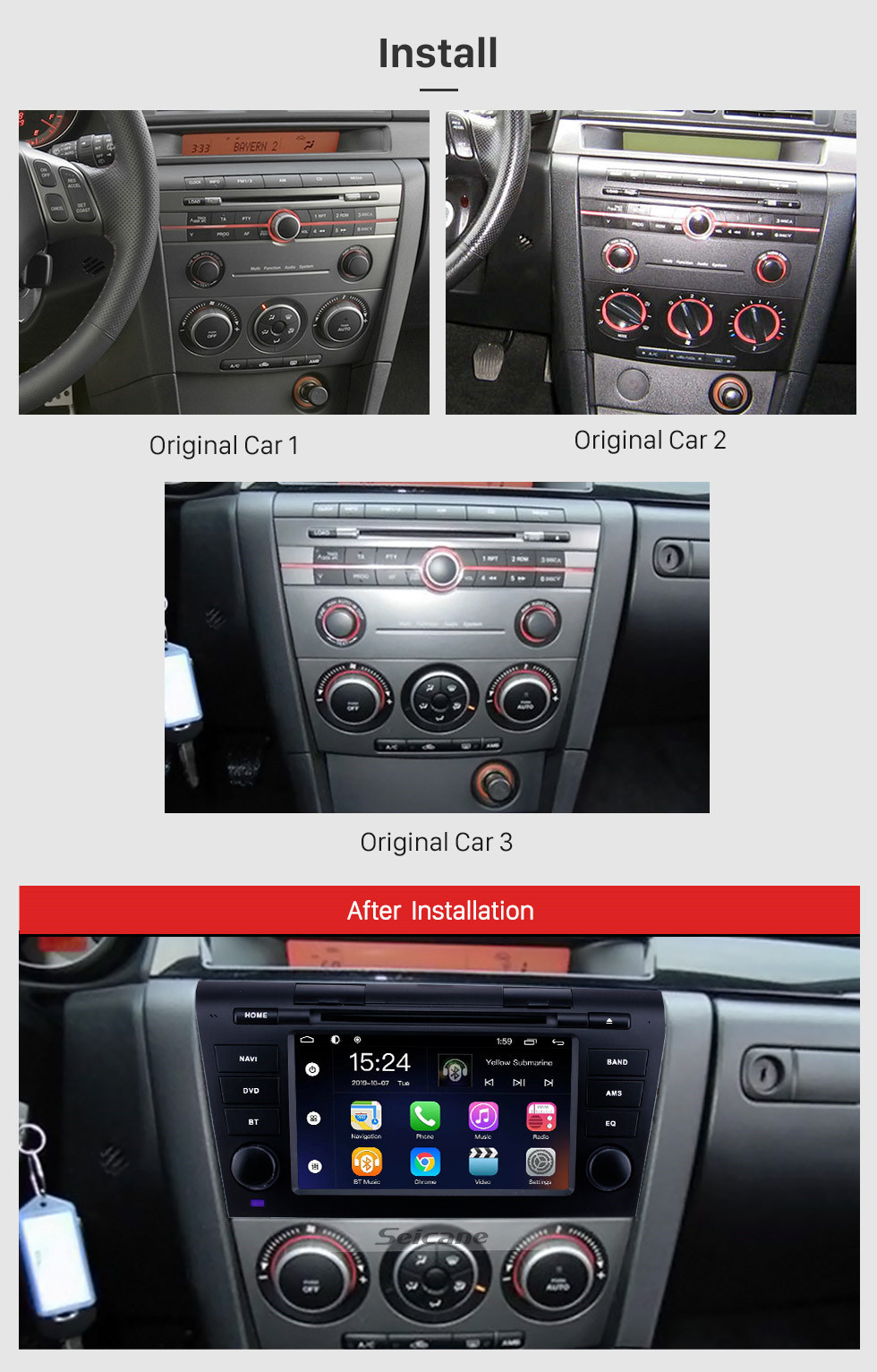 Seicane Pantalla táctil HD para 2007 2008 2009 Mazda 3 Radio Android 9.0 Sistema de navegación GPS de 7 pulgadas Soporte Bluetooth Control del volante Carplay