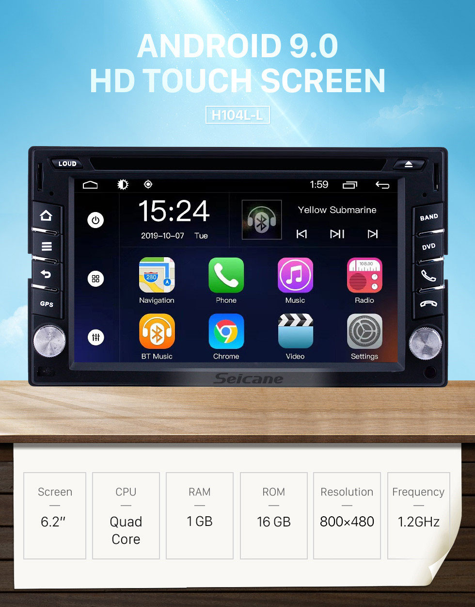 Seicane 6,2-дюймовый Android 9.0 для универсальной радионавигационной системы GPS с сенсорным экраном HD Поддержка Bluetooth Carplay Mirror Link