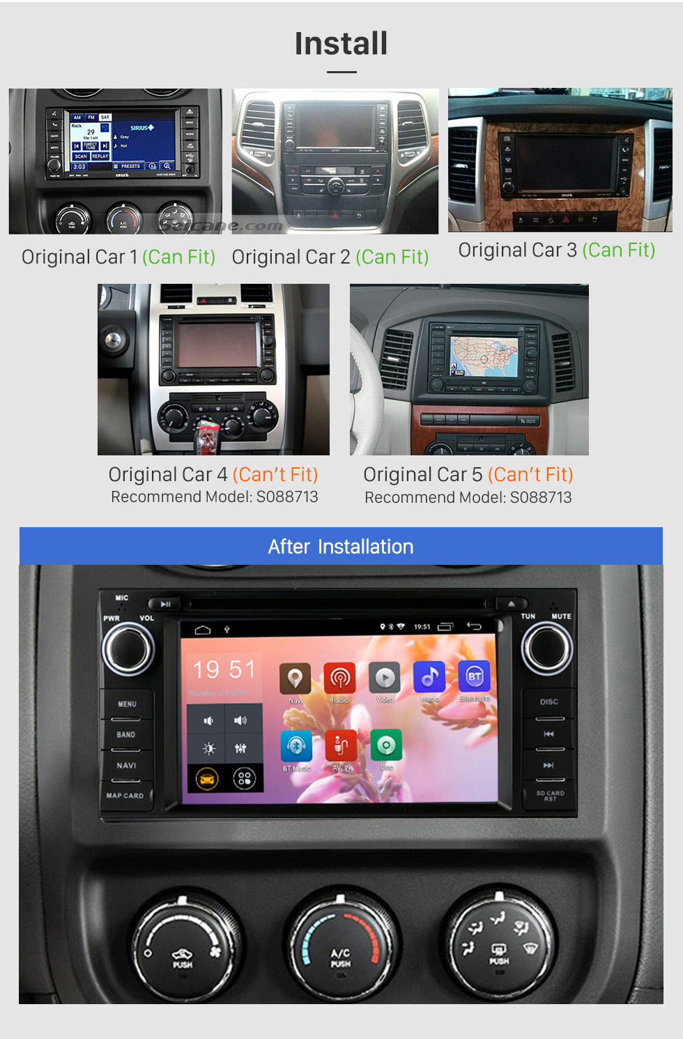 Seicane In Dash 2007-2013 Обновление Jeep Wrangler с неограниченным 7-дюймовым радио с Android 9.0 DVD-плеер Bluetooth GPS-навигация Автомобильная аудиосистема Сенсорный экран WiFi 3G Зеркальная связь OBD2 Резервная камера DVR AUX