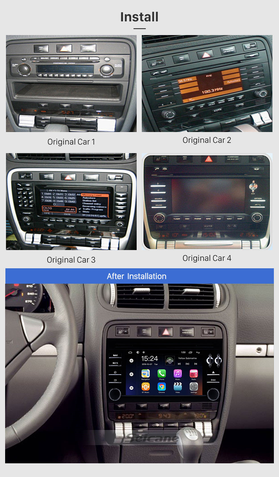 Seicane 2003 2004 2005 2006-2011 Porsche Cayenne 7 pulgadas Android 9.0 autoradio Bluetooth Reproductor de DVD Compatible con GPS Sat Nav Audio Auto A / V 1080P Video Mirror Link DVR Control del volante Stereo Upgrade