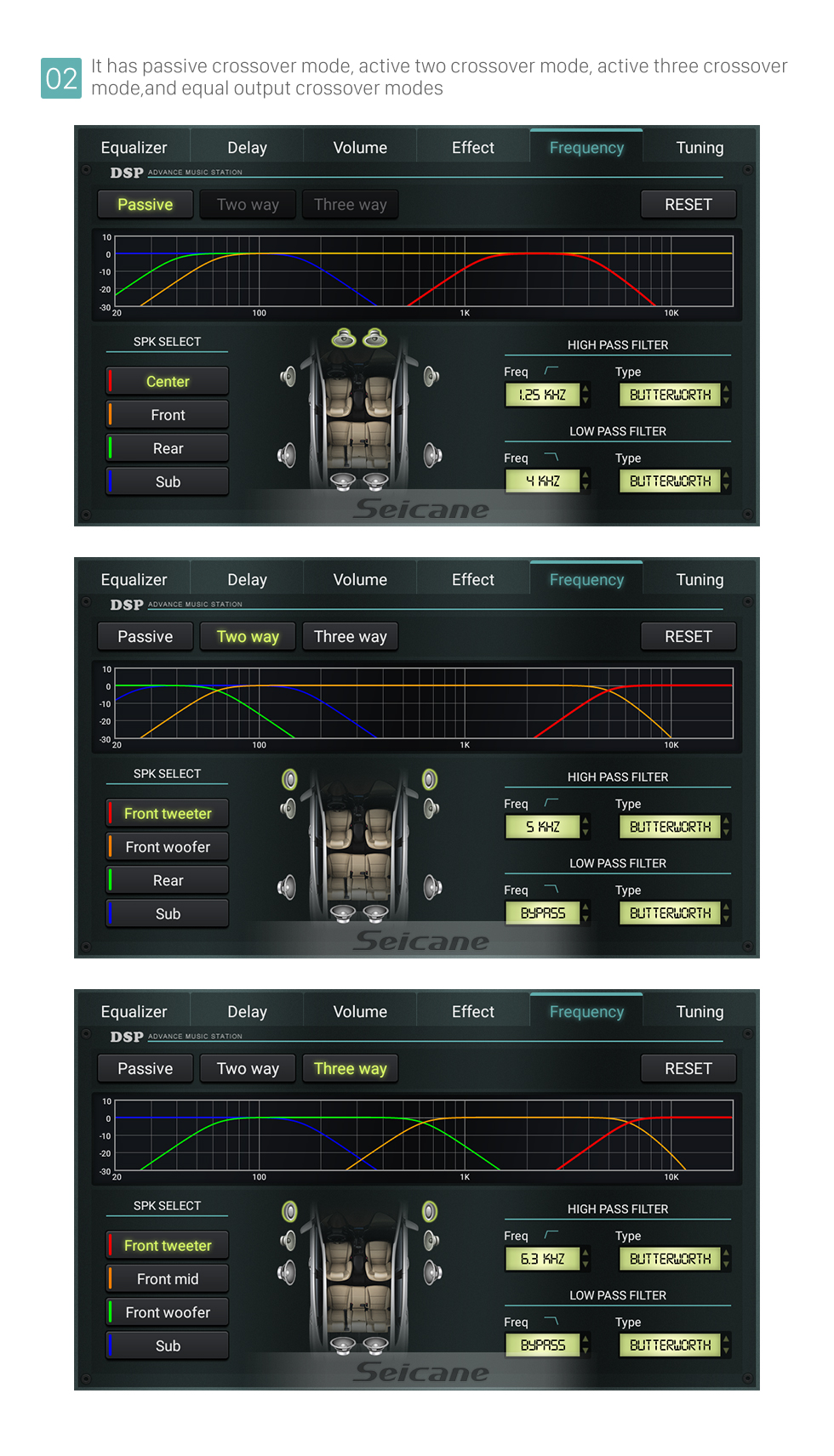 Seicane Système audio de voiture DSP pour les autoradios de la série H2 H3 avec 8 sorties RCA, 15 segments réglables EQ réels 3 types de mode de croisement Seicane Système audio de voiture DSP pour les autoradios de la série H2 H3 avec 8 sorties RCA, 15 segments réglables EQ réels 3 types de mode de croisement