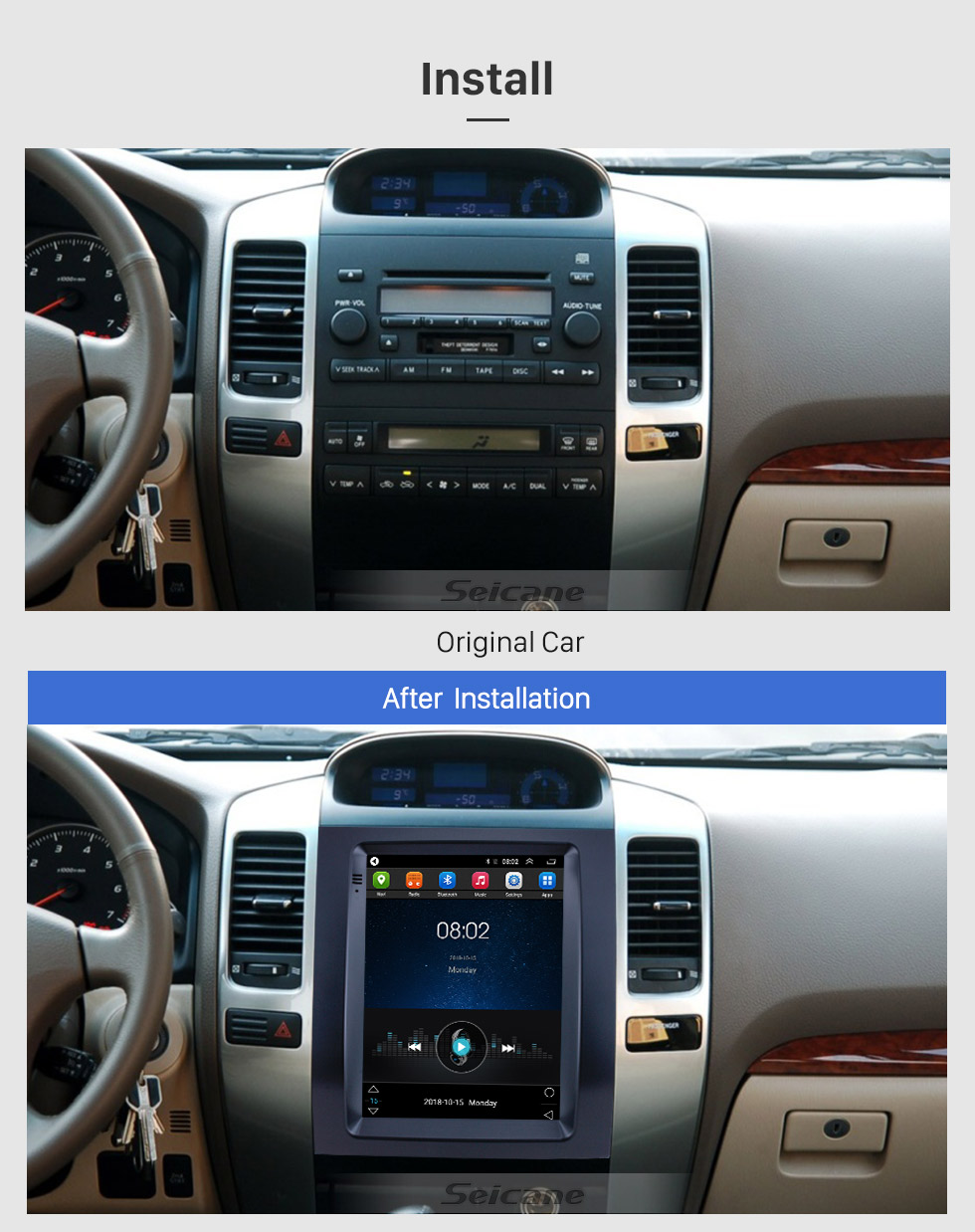 Seicane HD Touchscreen 2002-2007 2008 2009 Toyota Prado Android 9.1 9.7 inch GPS Navigation Radio WIFI Bluetooth support TPMS Digital TV Carplay Seicane HD Touchscreen 2002-2007 2008 2009 Toyota Prado Android 9.1 9.7 inch GPS Navigation Radio WIFI Bluetooth support TPMS Digital TV Carplay