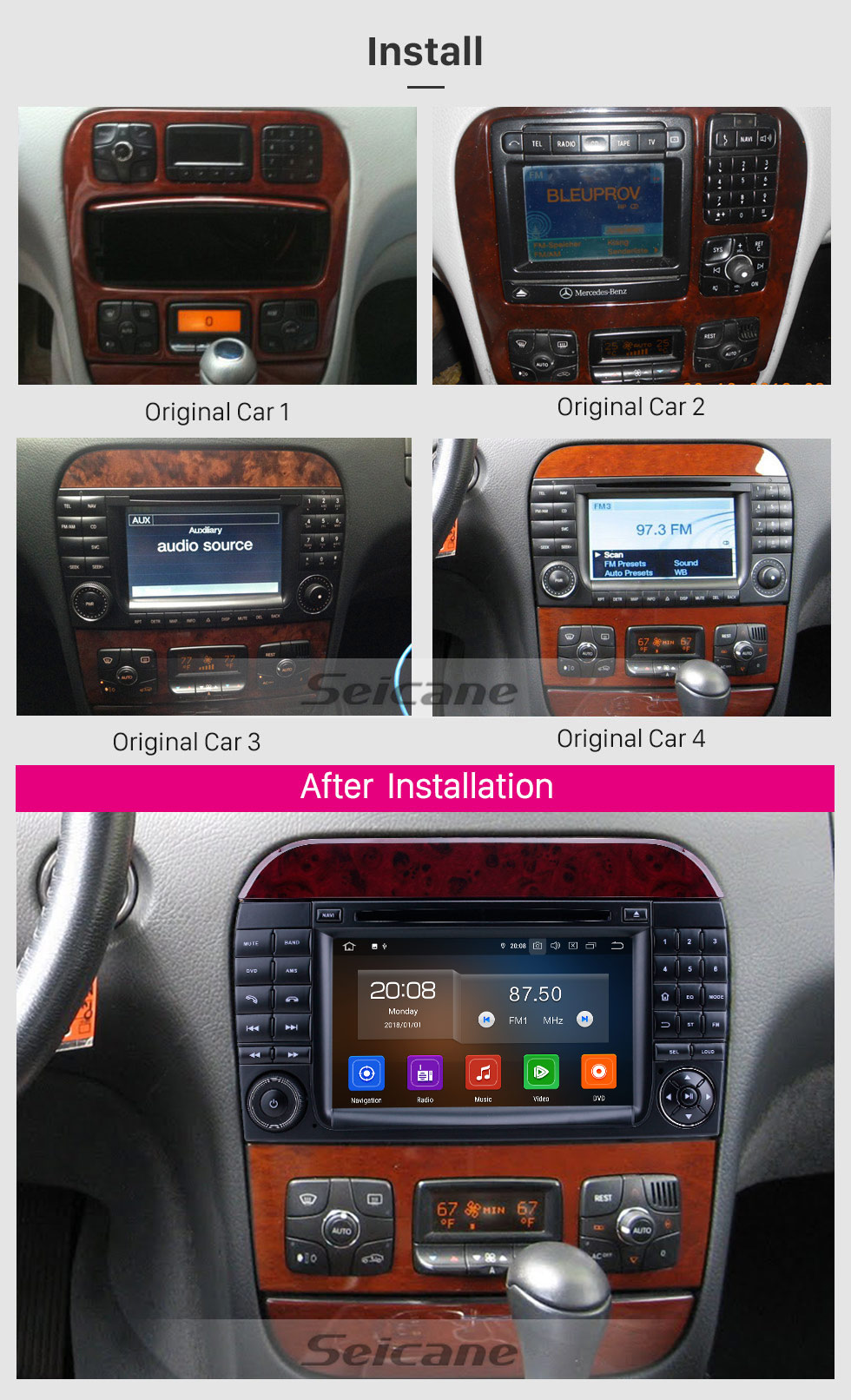 Seicane Android 9.0 1998-2005 Mercedes Benz S Class W220/S280/S320/S320 CDI/S400 CDI/S350/S430/S500/S600/S55 AMG/S63 AMG/S65 AMG 7 inch HD Touchscreen GPS Navigation Radio with Carplay Bluetooth support DVR Seicane Android 9.0 1998-2005 Mercedes Benz S Class W220/S280/S320/S320 CDI/S400 CDI/S350/S430/S500/S600/S55 AMG/S63 AMG/S65 AMG 7 inch HD Touchscreen GPS Navigation Radio with Carplay Bluetooth support DVR