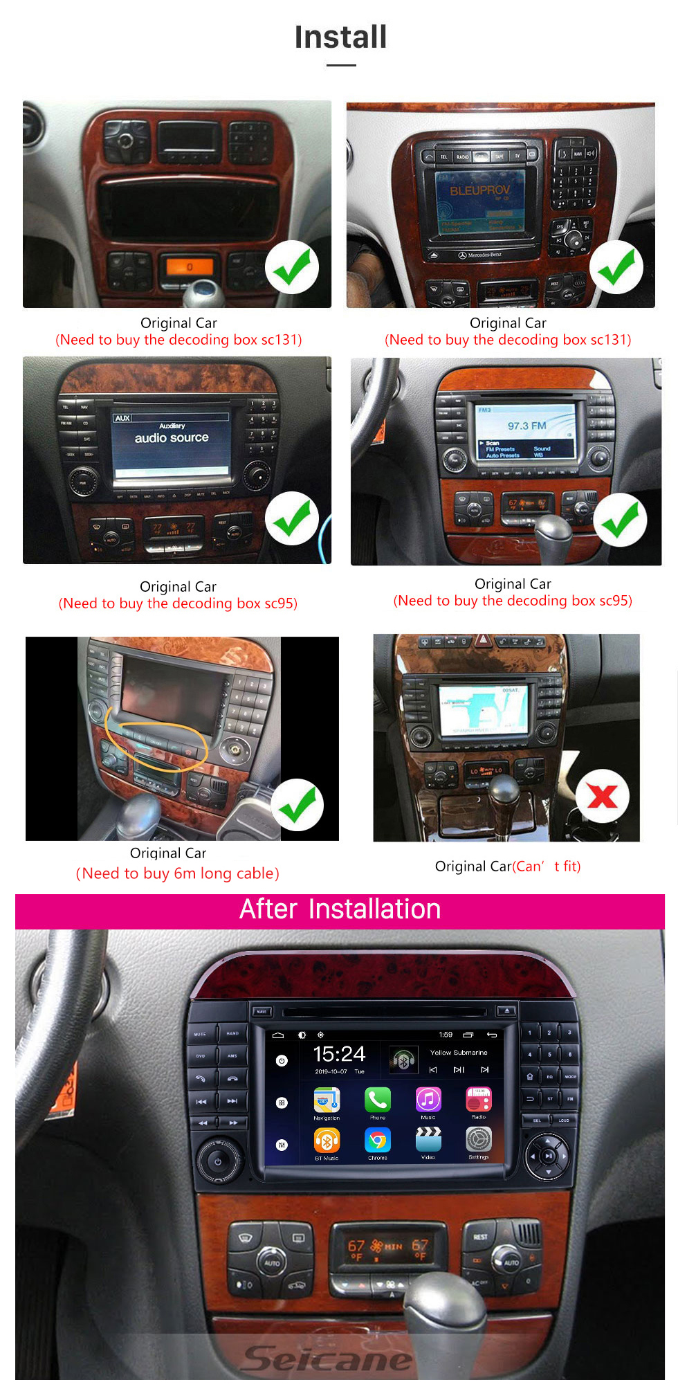 Seicane 7 pouces Android 9.0 pour 1998 1999 2000-2005 Mercedes Benz Classe S W220/S280/S320/S320 CDI/S400 CDI/S350/S430/S500/S600/S55 AMG/S63 AMG/S65 AMG Radio avec écran tactile HD Système de navigation GPS Bluetooth soutenir Carplay