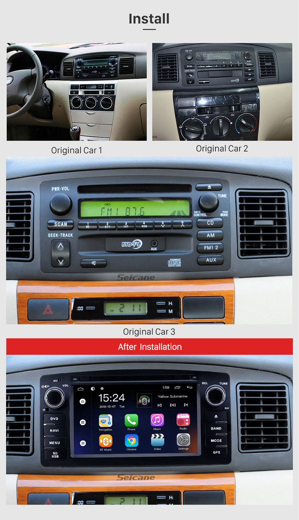 Seicane Tela sensível ao toque HD para 2003 2004 2005-2012 Toyota Corolla E120 BYD F3 Rádio Android 9.0 6.2 6.2 sistema de navegação GPS suporte Bluetooth Carplay OBD2