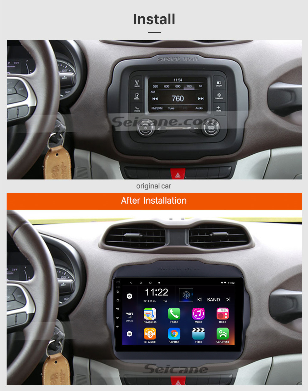 Seicane 2016 Jeep Renegade 9 pouces Écran tactile Android 13.0 Radio Système de navigation GPS avec USB Bluetooth WIFI 1080P Aux Mirror Link Commande au volant