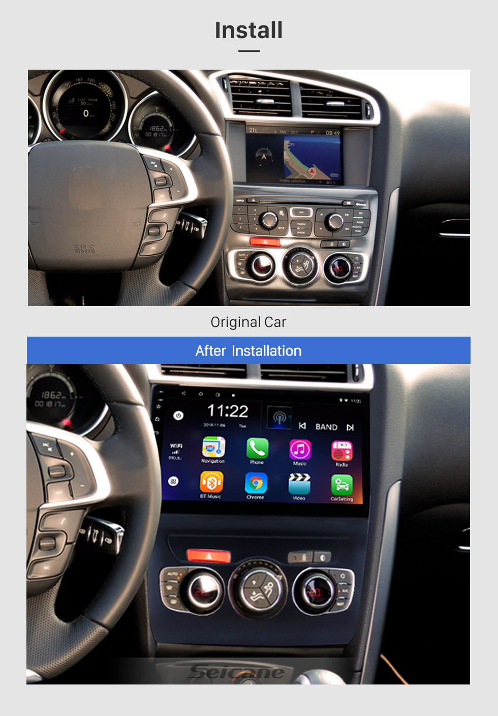 Seicane 10.1 polegadas HD touchscreen Android 10.0 Sistema de Navegação GPS Rádio Bluetooth para 2013 2014 2015 2016 Citroen C4 LHD Controle de volante Suporte DVR Câmera de visão traseira WIFI OBD II