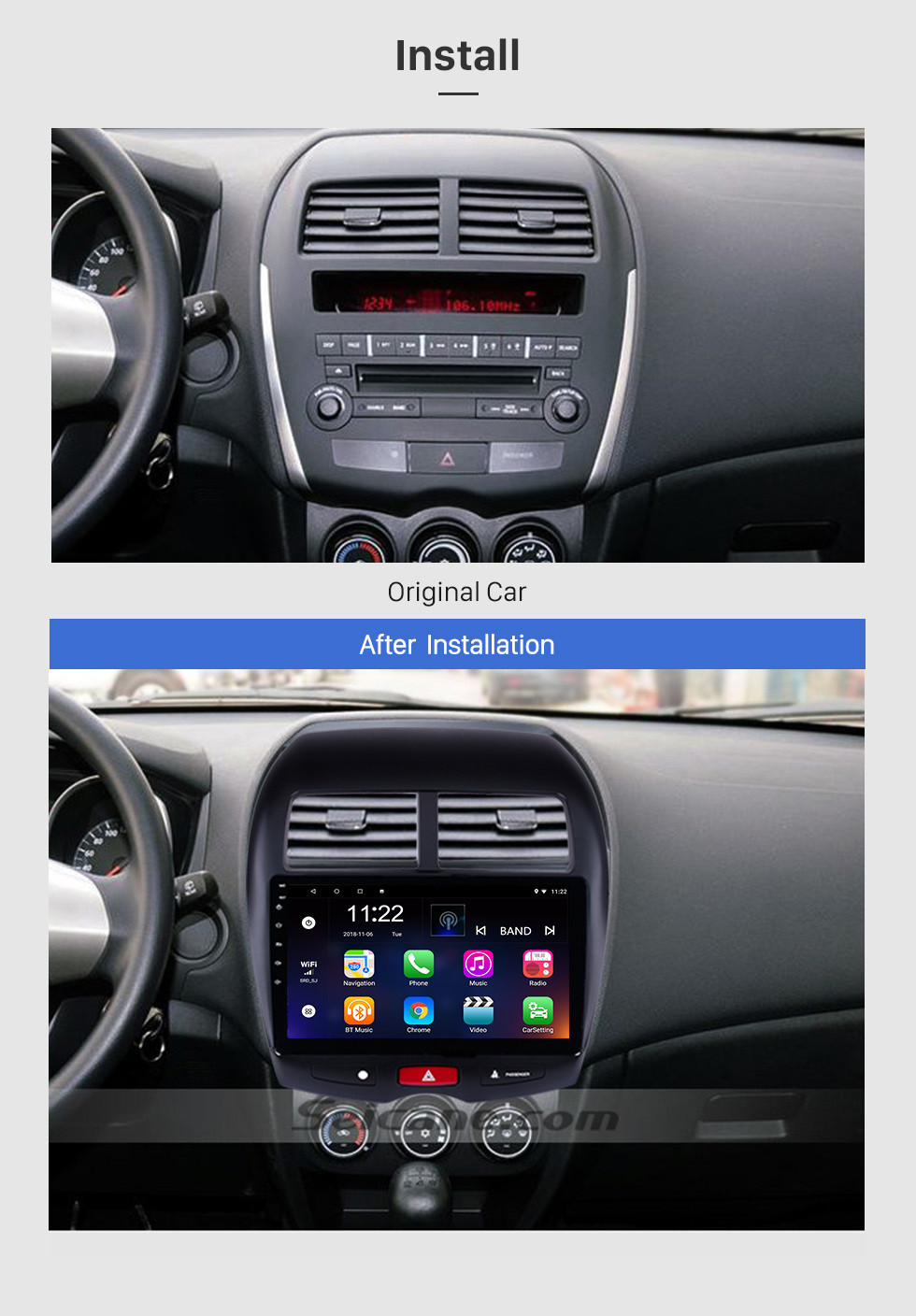 Seicane OEM Android 13.0 Радио DVD-плеер Система GPS-навигации для 2010-2013 Mitsubishi ASX с сенсорным экраном с зеркальной связью OBD2 DVR Камера заднего вида ТВ 1080P Видео WIFI Управление на руле Bluetooth USB SD