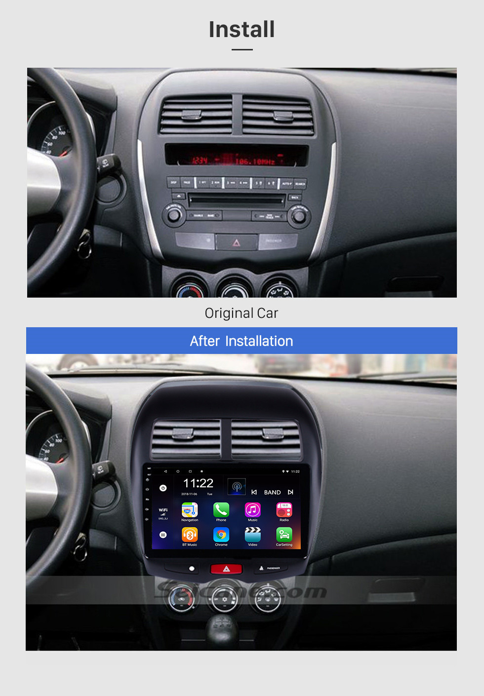 Seicane OEM Android 13.0 Radio DVD Player GPS Navigationssystem für 2010-2013 Mitsubishi ASX mit Mirror Link Touchscreen OBD2 DVR Rückfahrkamera TV 1080P Video WIFI Lenkradsteuerung Bluetooth USB SD