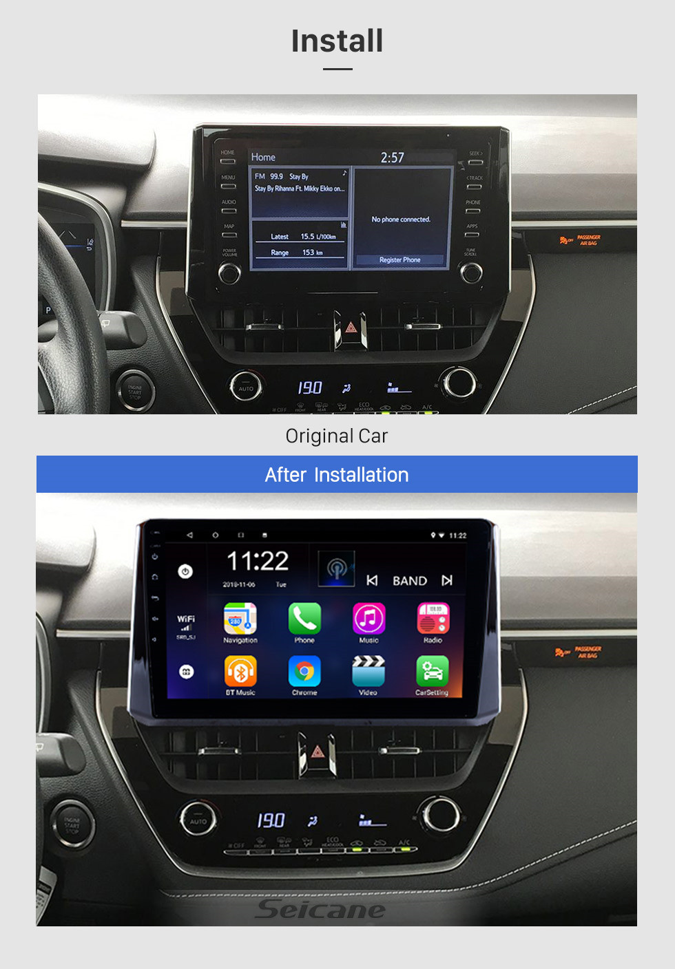 Seicane 10.1 pouces Android 10.0 2019 Toyota Corolla Unité principale HD à écran tactile Radio système de navigation GPS Support 3G Wifi Commande au volant Vidéo Carplay Bluetooth DVR