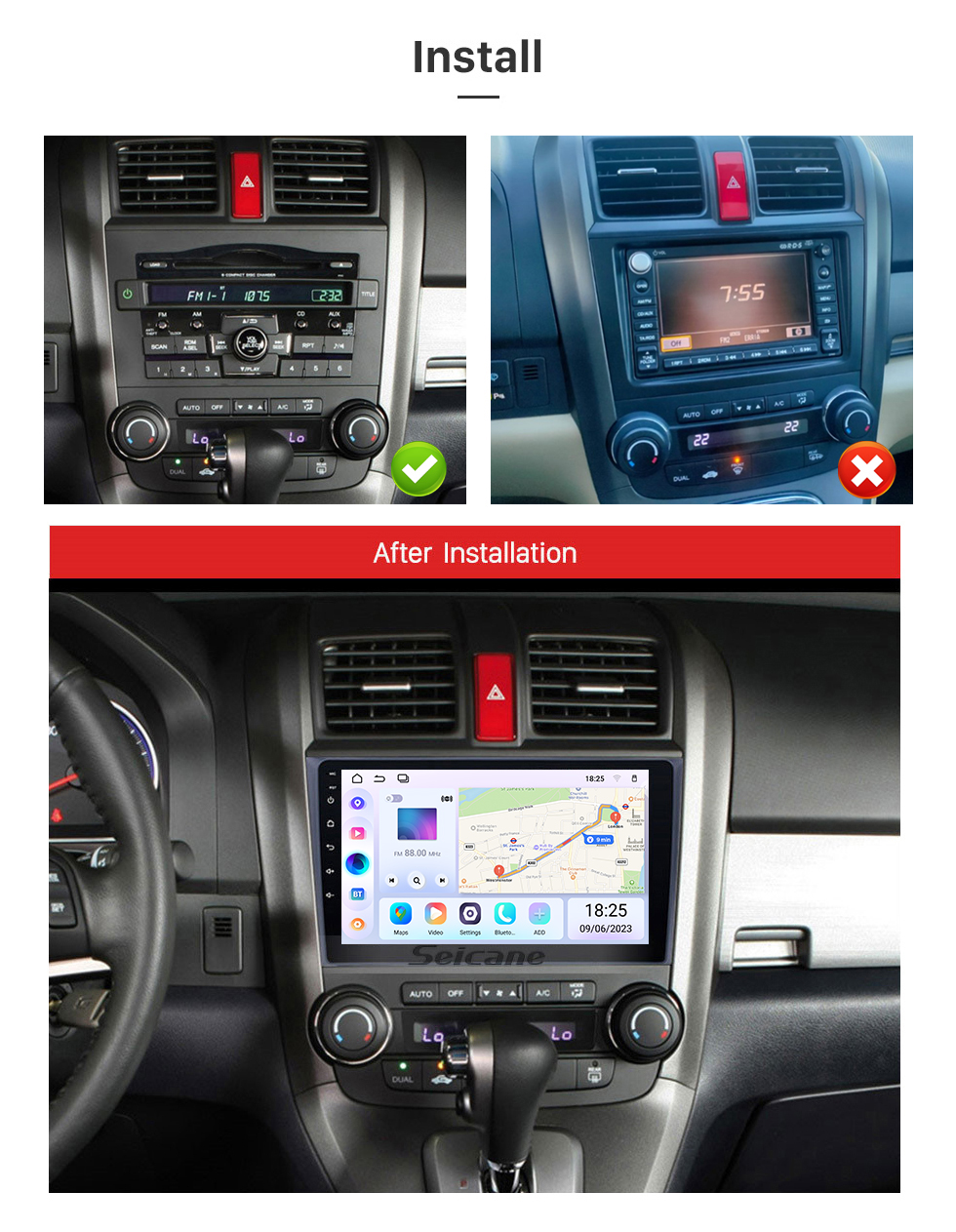 Seicane 2006 2007 2008-2011 Honda CRV 9 pouces Android 13.0 HD Radio à écran tactile Navigation GPS Bluetooth USB WIFI OBD2 Caméra de recul Lien miroir