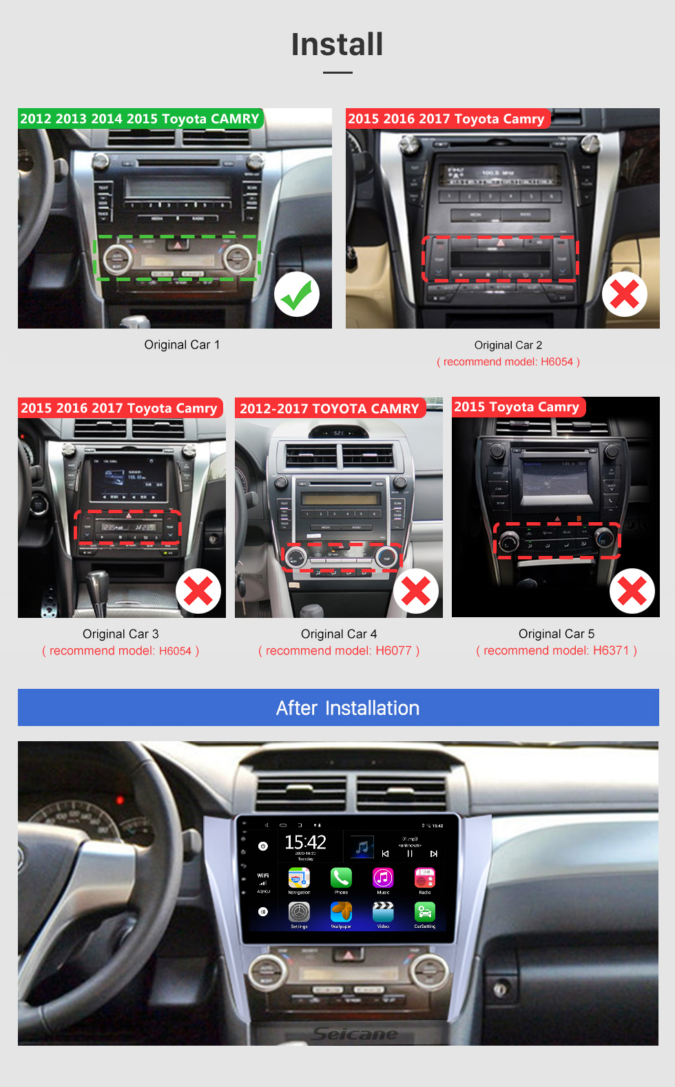 Seicane 10.1 pulgadas Pantalla táctil completa 2015 Toyota CAMRY Android 10.0 Sistema de navegación GPS con radio Cámara de vista trasera 3G WiFi Bluetooth Mirror Link OBD2 DVR Control del volante