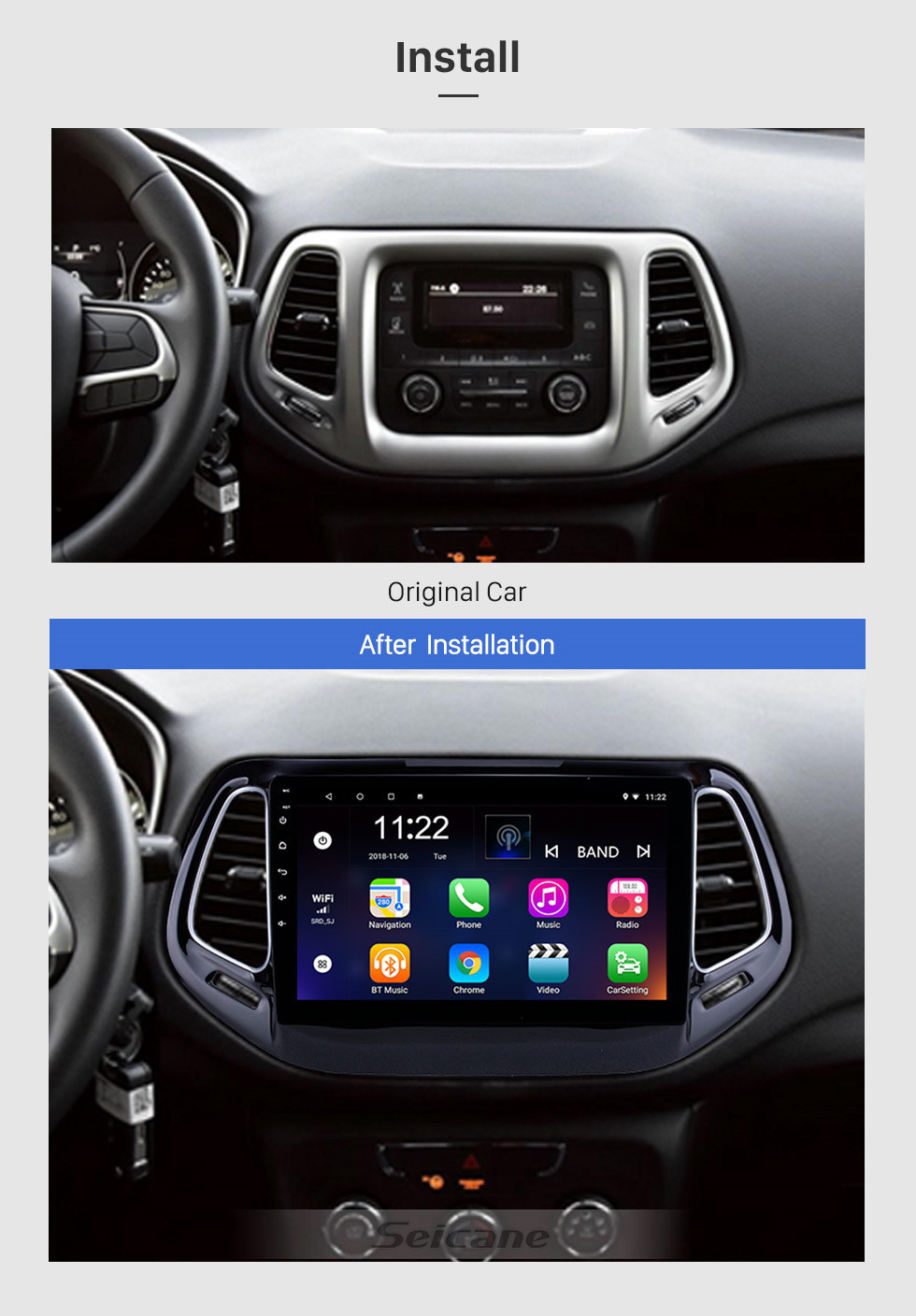 Seicane 10,1 Zoll 2017 Jeep Compass Android 10.0 Haupteinheit GPS-Navigation USB-Spiegelverbindung Bluetooth WIFI-Unterstützung DVR OBD2 Rückfahrkamera Lenkradsteuerung
