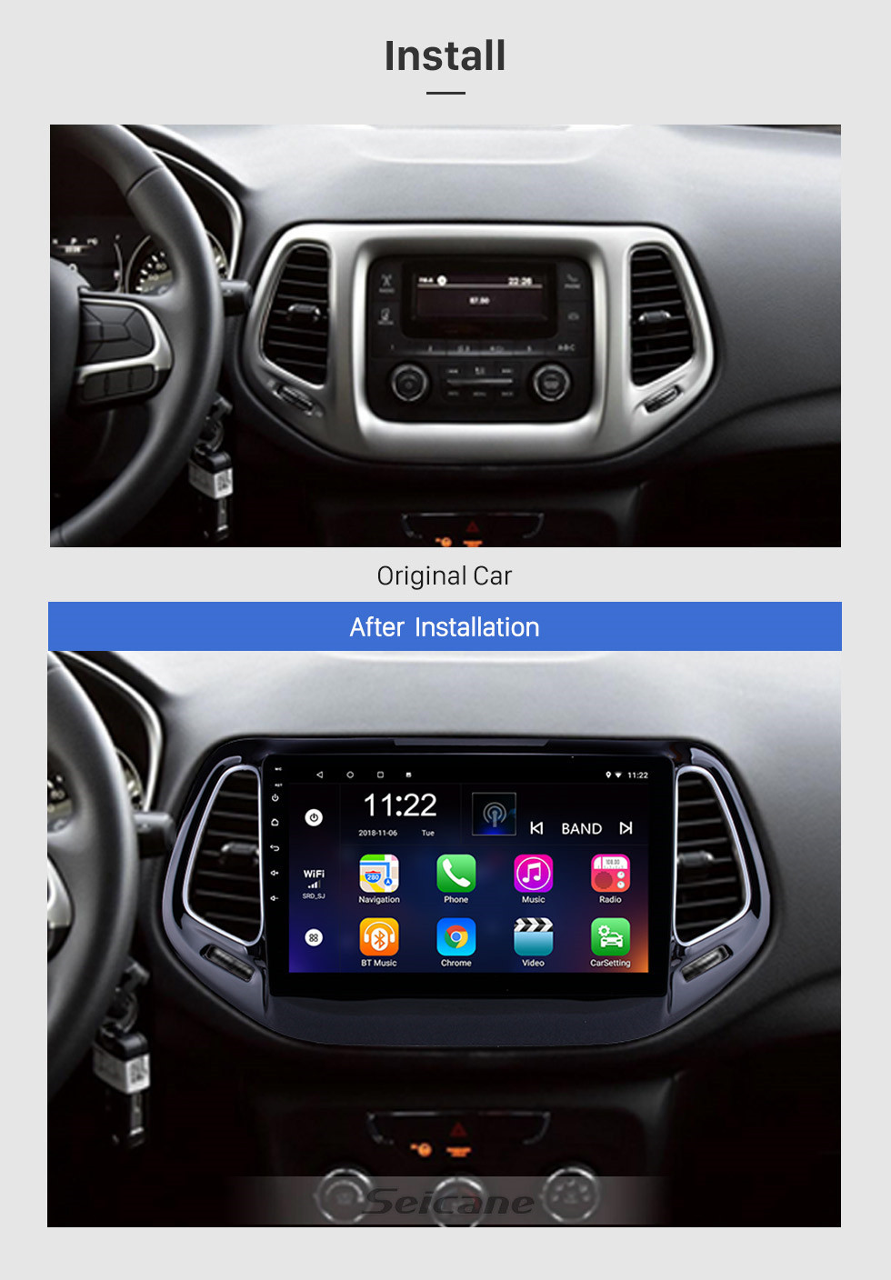 Seicane Écran tactile HD de 10,1 pouces 2017 Jeep Compass Android 10.0 Unité principale Radio de navigation GPS avec prise en charge USB Bluetooth WIFI DVR OBD2 Caméra de recul TPMS