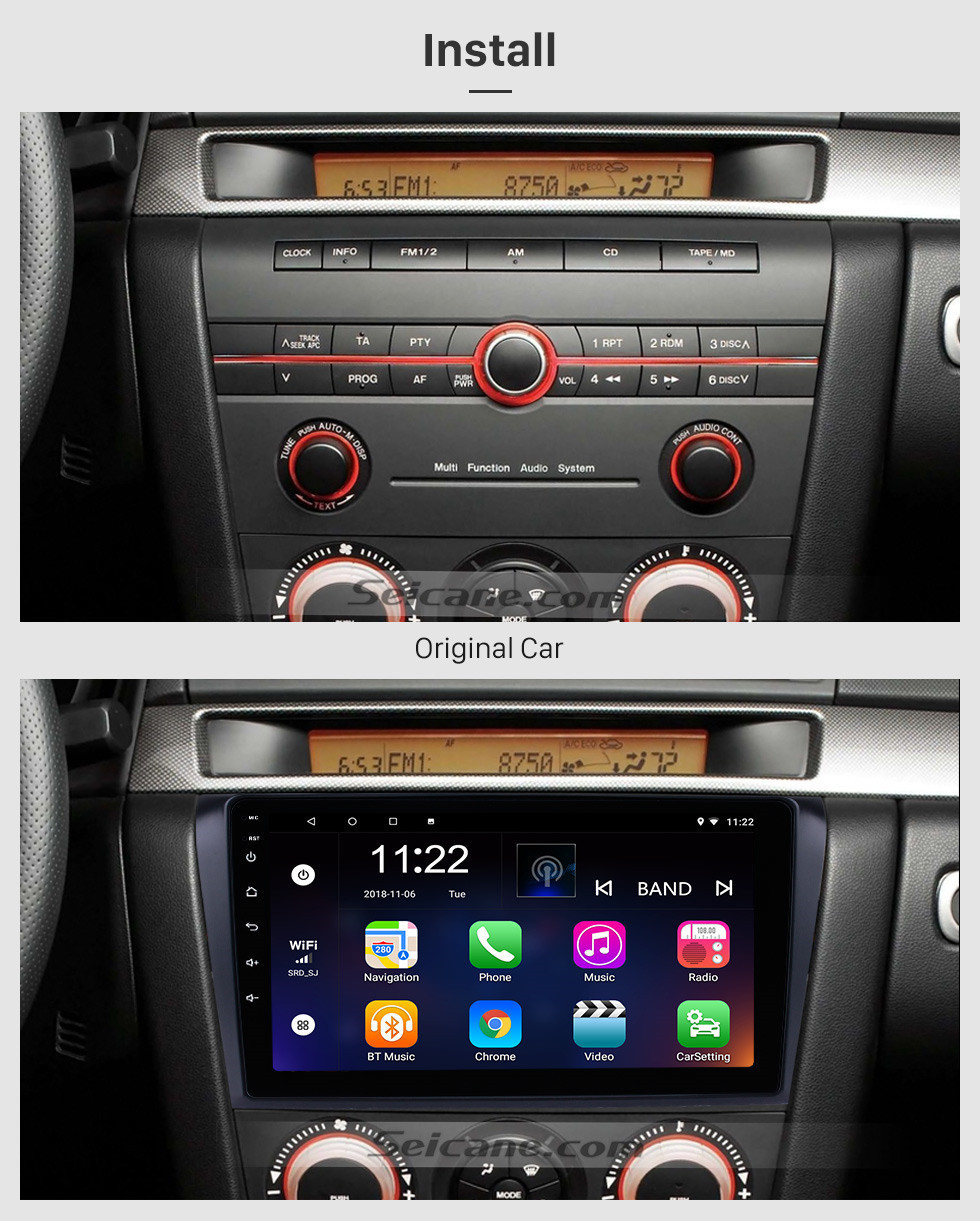 Seicane Android 10.0 9 pouces pour 2006 2007 2008 2009 2010 2011 2012 Mazda 3 AXELA Navigation GPS Autoradio Bluetooth Support USB SD WIFI Caméra de recul DVR OBD2 Commande au volant