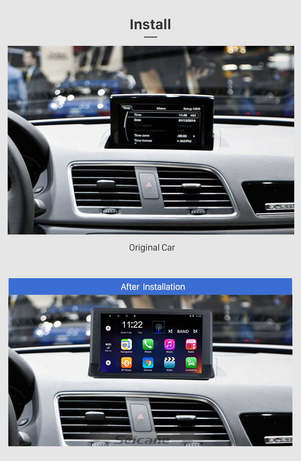 Seicane 2013-2017 AUDI Q3 Android 10.0 Écran tactile HD de 9 pouces Système de navigation GPS Bluetooth Prise en charge de la radio automatique Caméra de recul WIFI DAB + DVR Commande au volant de la télévision numérique OBD2