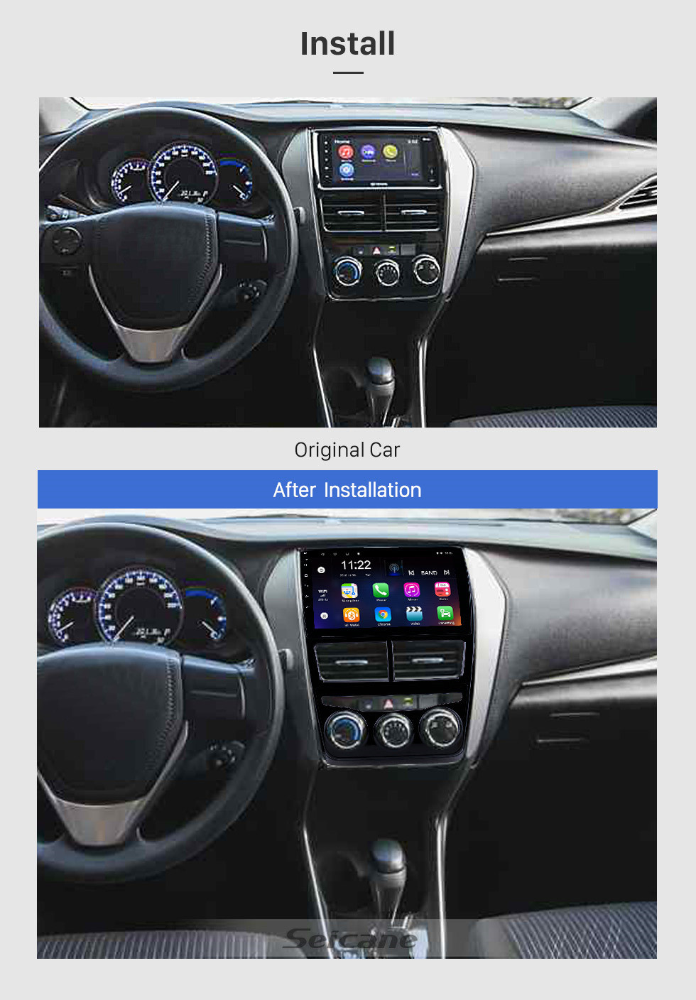 Seicane Aftermarket Android 10.0 Navigation GPS 9 pouces HD Écran tactile stéréo pour 2018 Toyota Vios / Yaris LHD Manuel Climatiseur USB musique Bluetooth Wifi Caméra de recul Commande au volant DVR