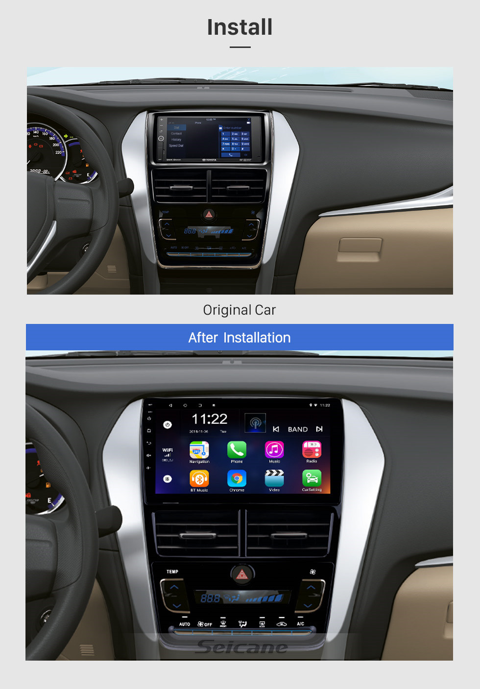 Seicane Barato 9 pulgadas Android 10.0 Radio GPS Navigition para 2018 Toyota Vios / Yaris Auto Air Conditioner 1024 * 600 Pantalla táctil Quad-core Bluetooth support DVR 3G WIFI OBD2 Cámara de visión trasera