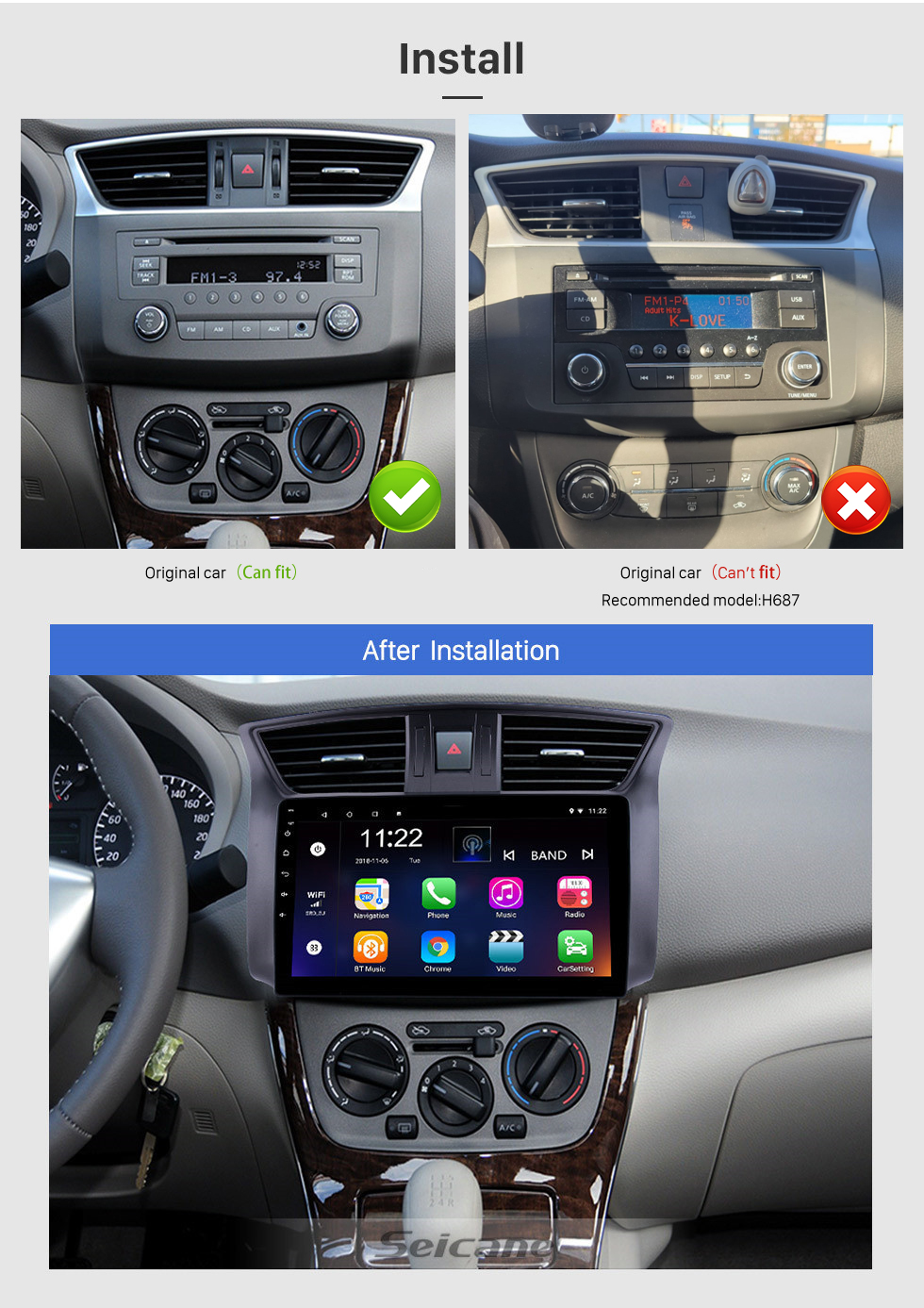 Seicane 10,1-дюймовый 2012-2016 Nissan Sylphy Android 10.0 HD Сенсорный экран Головное устройство GPS Navi Радио USB Bluetooth Поддержка WIFI Mirror Link DVR OBD2 TPMS Aux