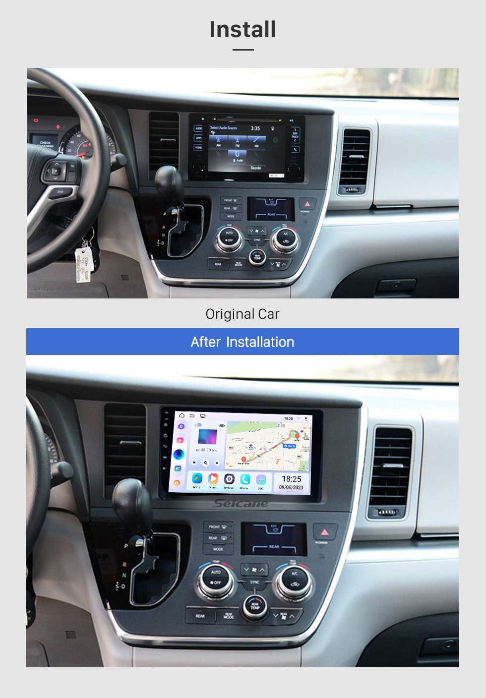 Seicane 9 pulgadas HD Pantalla táctil Radio Navegación GPS 2015 TOYOTA Sienna Android 13.0 Estéreo para automóvil con 3G Wifi Bluetooth Música Copia de seguridad Cámara Control del volante