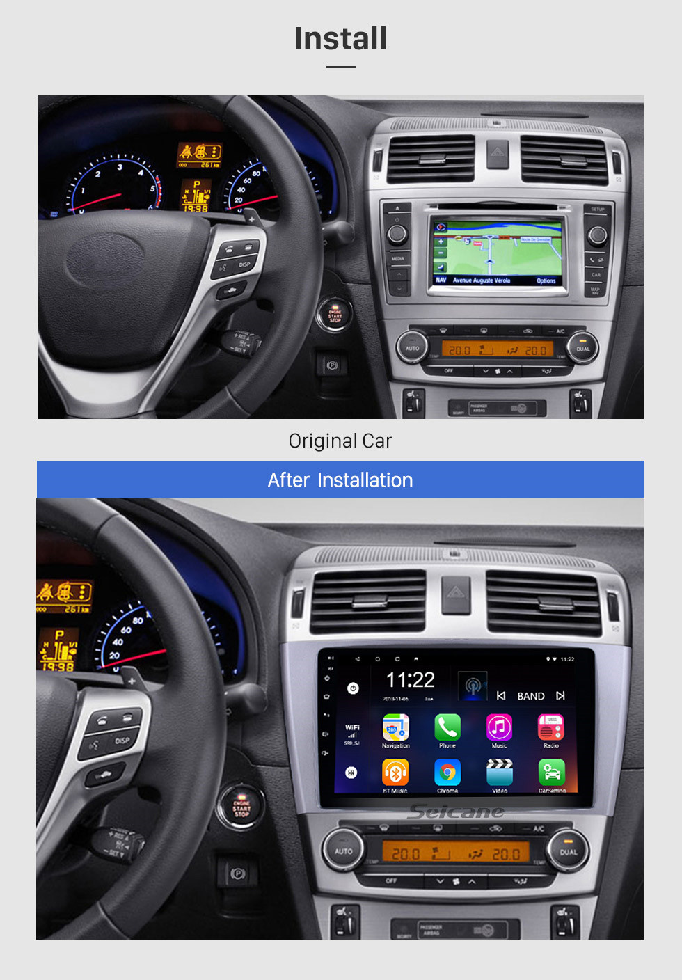 Seicane Android 10.0 GPS Navigation Rádio 9 polegadas para Toyota AVENSIS 2009-2013 com 1024 * 600 Touchscreen Bluetooth Phone Wifi Mirror Link Suporte para controle de volante DVR
