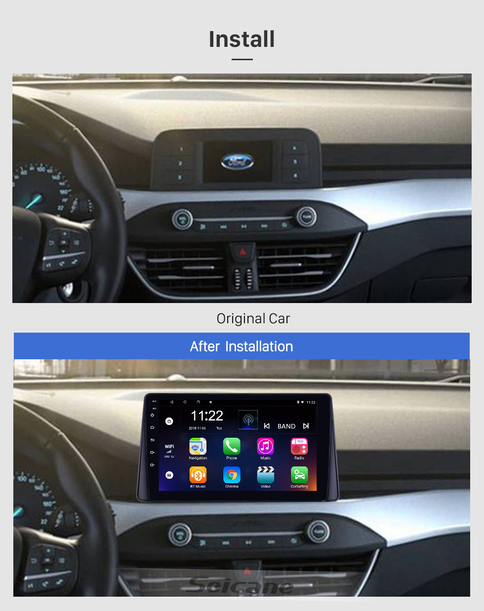 Seicane HD Touchscreen de 9 polegadas Android 10.0 GPS Rádio de Navegação para 2019 Ford Focus com Bluetooth AUX Suporte de Música DVR Carplay Controle de Volante