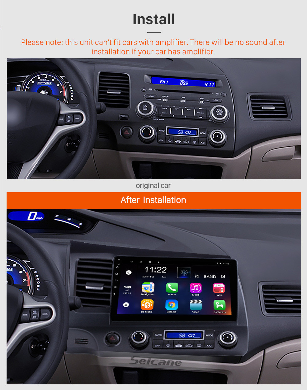 For Honda Civic 2013-2016 Android 10.1 9" Car Radio Stereo Player GPS Navi Wifi