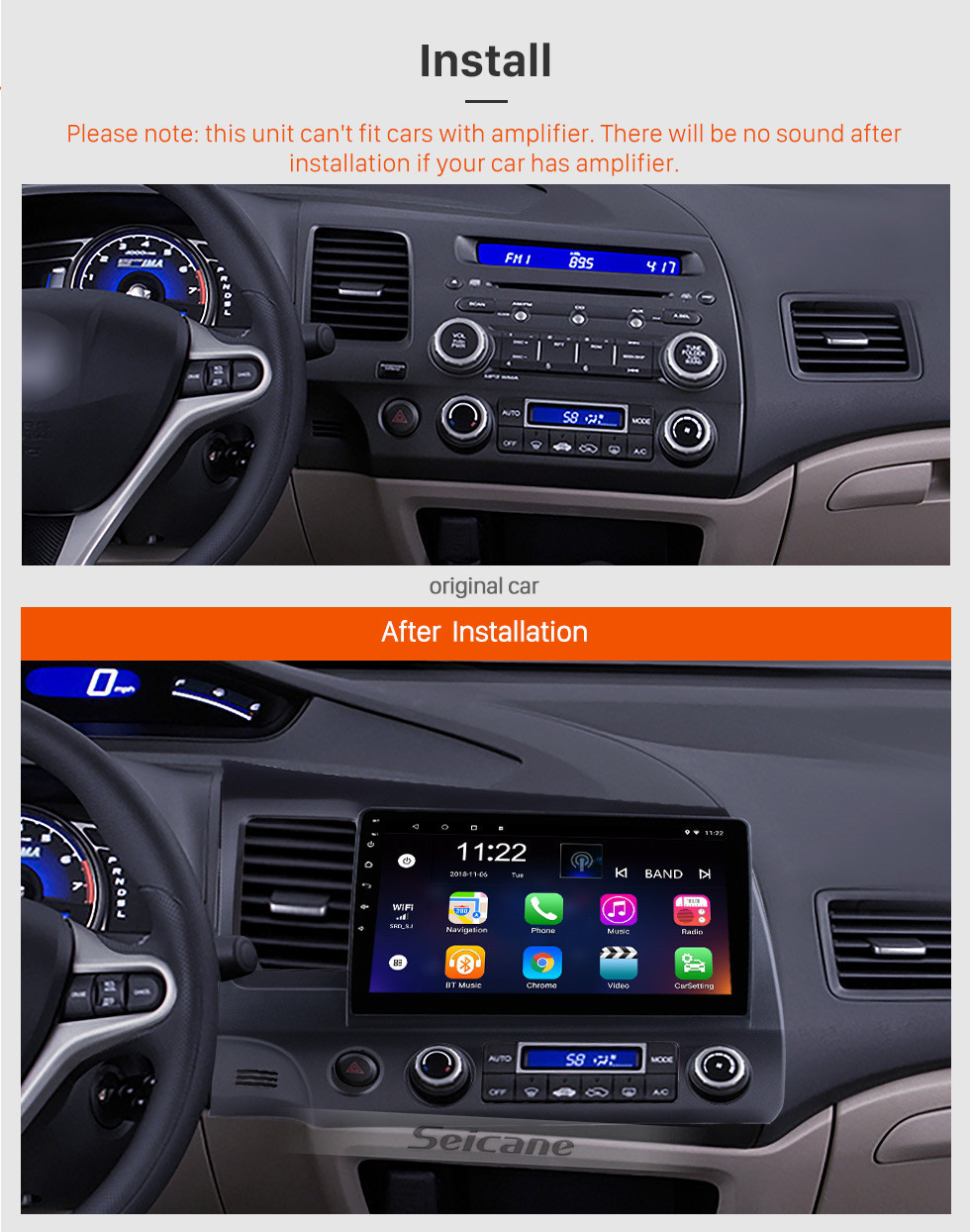 Seicane 10.1 pulgadas Android 13.0 para 2006-2011 Honda Civic LHD Radio Sistema de navegación GPS con pantalla táctil HD Soporte Bluetooth Carplay OBD2