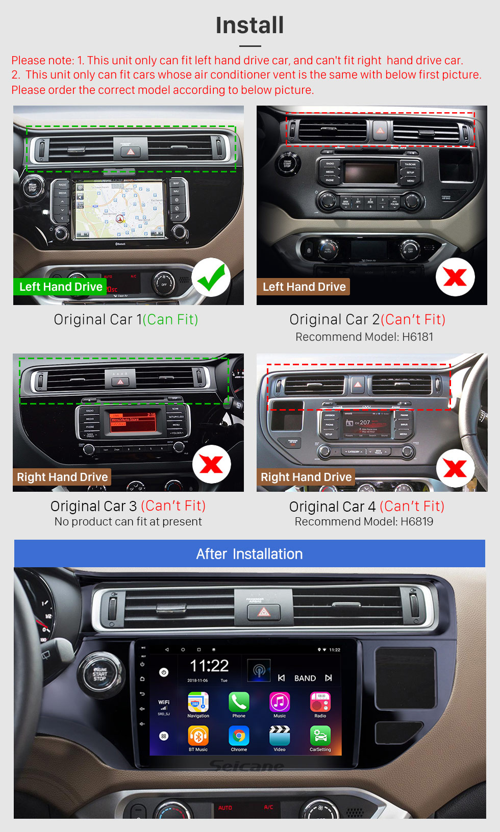 Seicane 9 pulgadas 2012 2013 2014 2015 KIA Rio LHD Android 10.0 HD Pantalla táctil Radio Instalación Soporte GPS Navegación WIFI Sistema de audio Aux Bluetooth Música USB SD Cámara de vista trasera