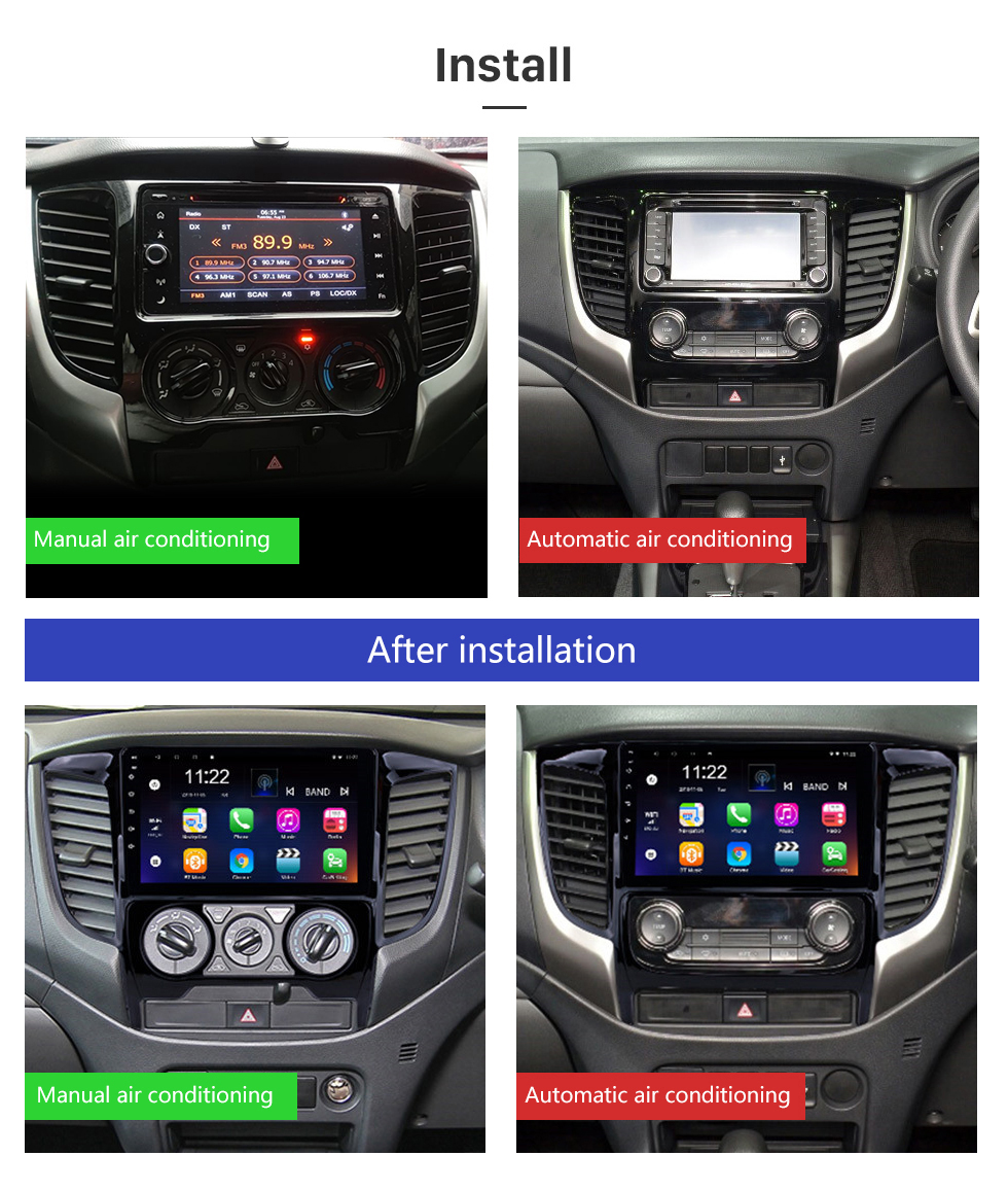 Seicane 2015 Mitsubishi TRITON (MT) Aire acondicionado manual Android 12.0 Radio de coche Pantalla táctil HD de 9 pulgadas Sistema de navegación GPS Unidad principal con USB Mirror Link Música FM Soporte WIFI Bluetooth SWC Cámara de respaldo Carplay TV digital