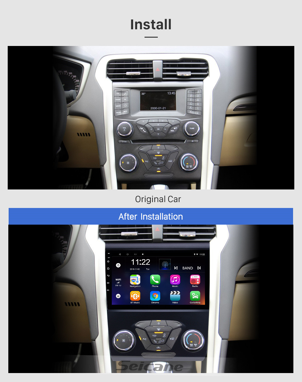 Seicane Android 10.0 9 polegadas All-in-one 2012 2013 2014 Ford Mondeo Aftermarket Navegação GPS Sistema de áudio do carro WiFi Bluetooth Sintonizador de rádio TV AUX suporte DVR Câmera reversa Controle de volante