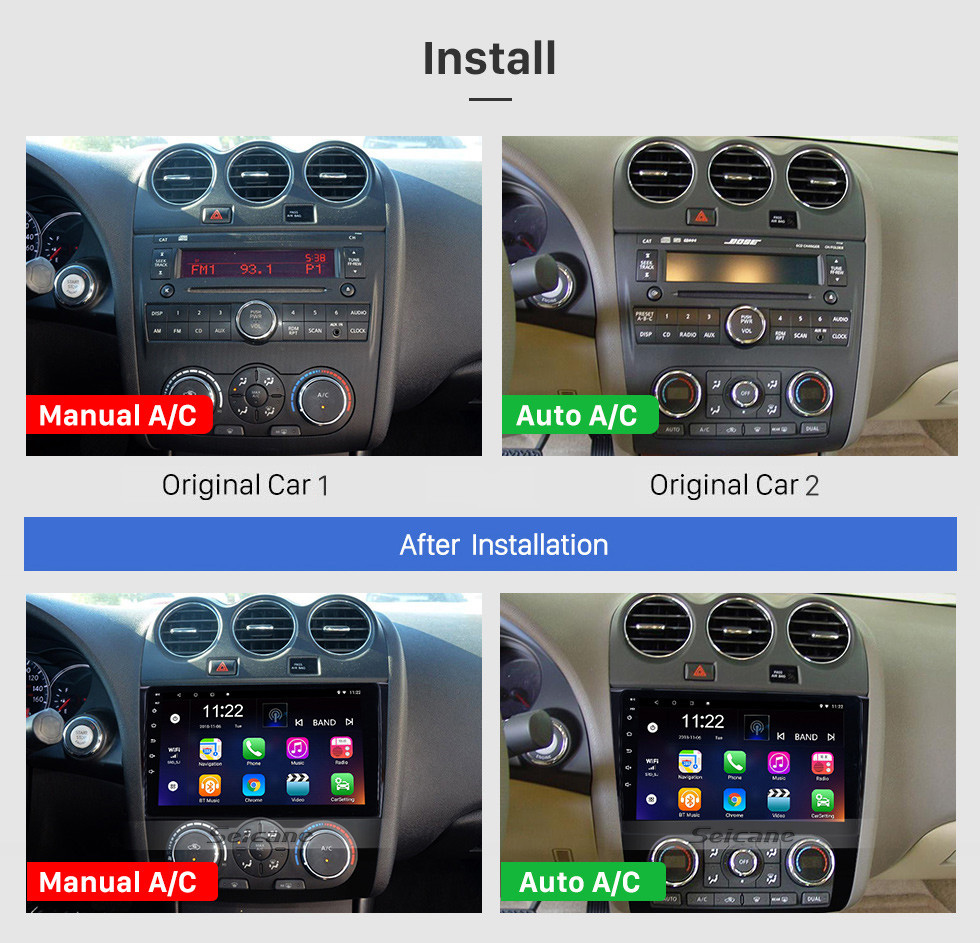 Seicane Pantalla táctil HD de 9 pulgadas Android 10.0 Sistema de navegación por radio para 2008-2012 Nissan Teana ALTIMA Manual A / C Reproductor multimedia con WIFI FM USB Bluetooth compatible con música TV digital SWC TPMS