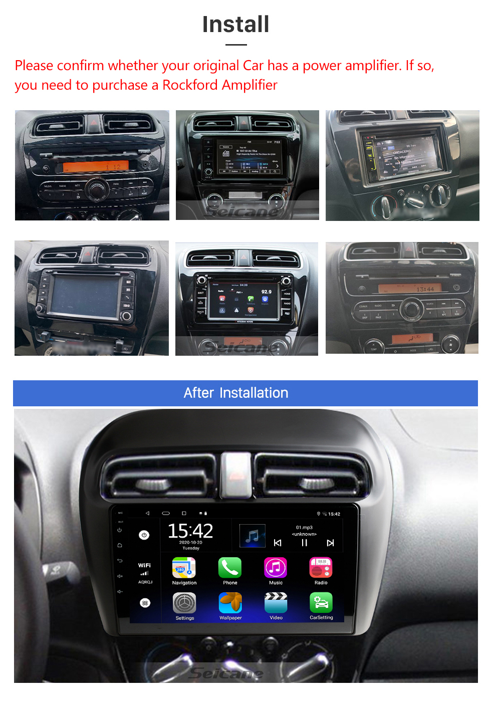 Seicane 2012 2013 2014 2015 2016 Mitsubishi Mirage 9-дюймовый Android 12.0 Автомобильный радиоприемник GPS-навигационная система с сенсорным экраном 1024 * 600 HD Bluetooth музыка USB WIFI FM Поддержка управления рулевым колесом DVR OBD