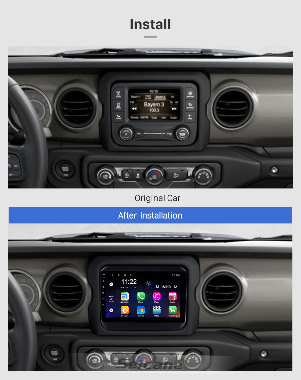 Seicane Rádio de navegação gps android 13.0 de 9 polegadas para 2018 jipe wrangler com bluetooth wifi usb aux hd suporte touchscreen carplay dvr obd