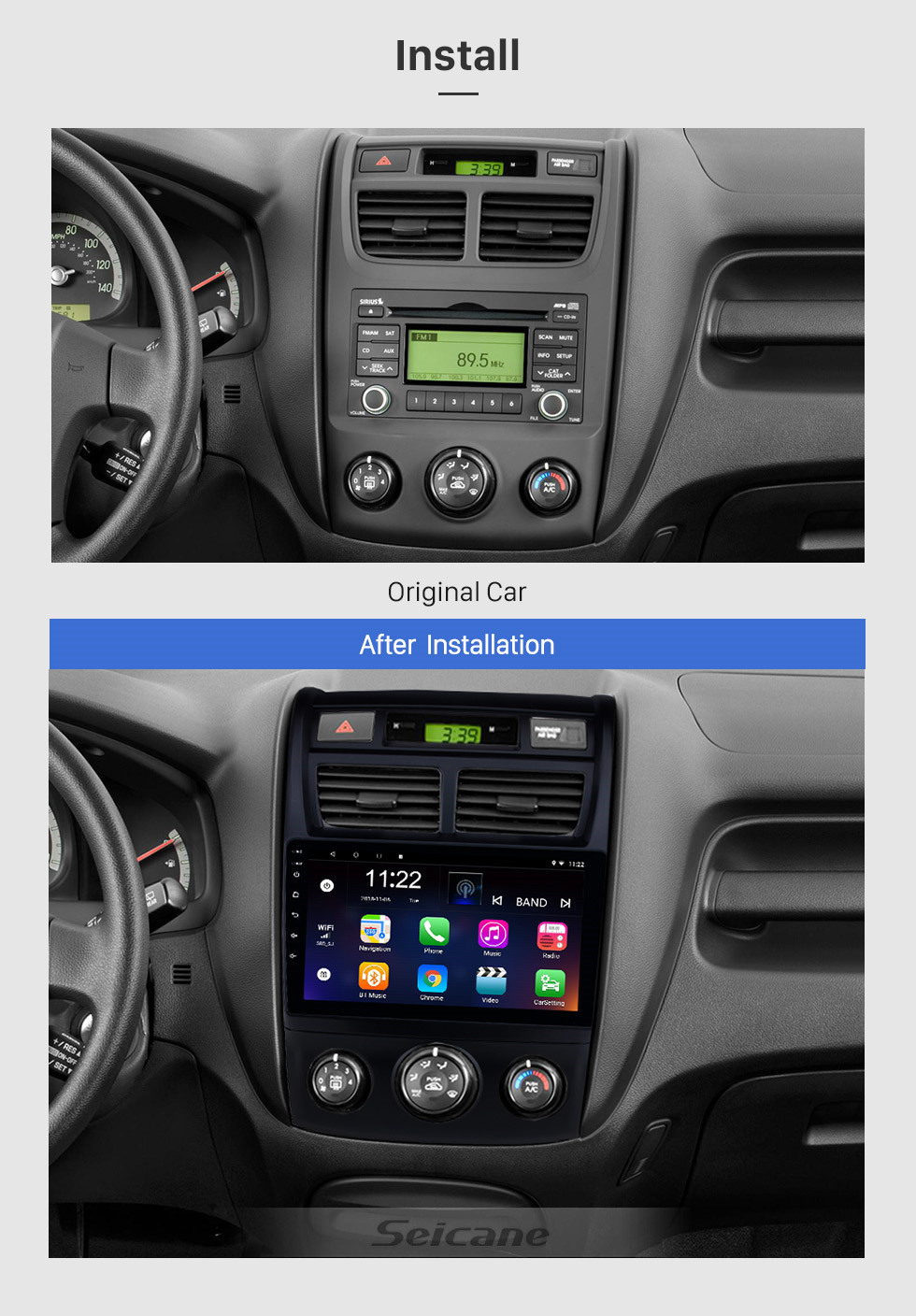 Seicane In Dash 9 pouces HD Écran tactile GPS Radio Navigation Android 10.0 Stéréo pour 2007-2017 KIA Sportage Climatiseur manuel Commande au volant Musique Bluetooth WIFI Caméra de recul USB