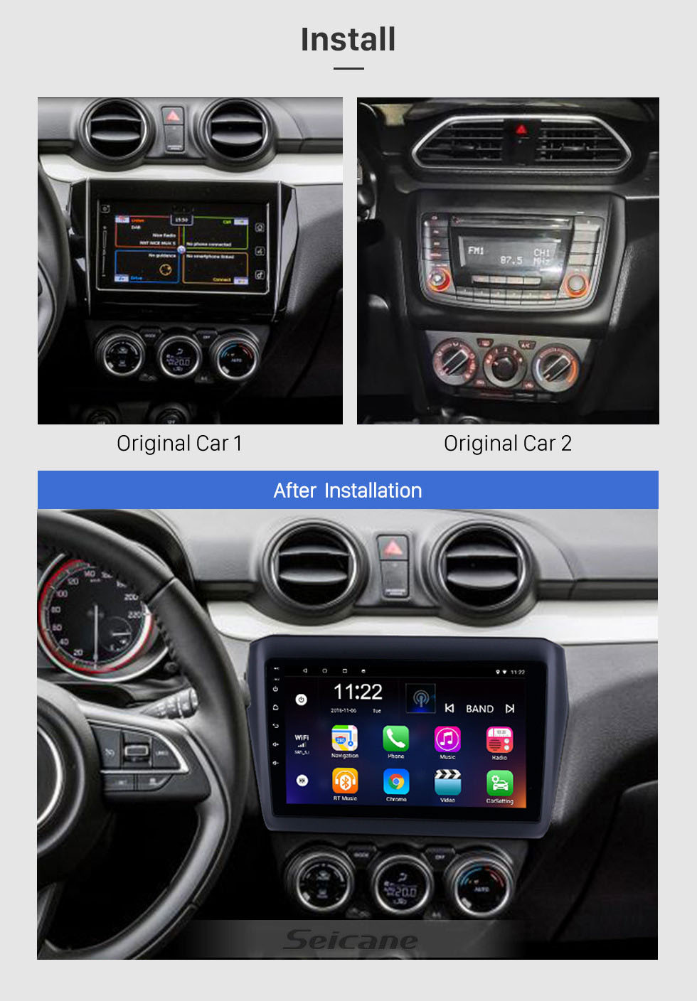 Seicane OEM 9 pouces Android 10.0 HD Radio Bluetooth à écran tactile pour SUZUKI DZIRE SUZUKI SWIFT 2017 2018 2019 2020 avec navigation GPS USB FM auto stéréo Wifi AUX prise en charge DVR TPMS Caméra de recul OBD2 SWC