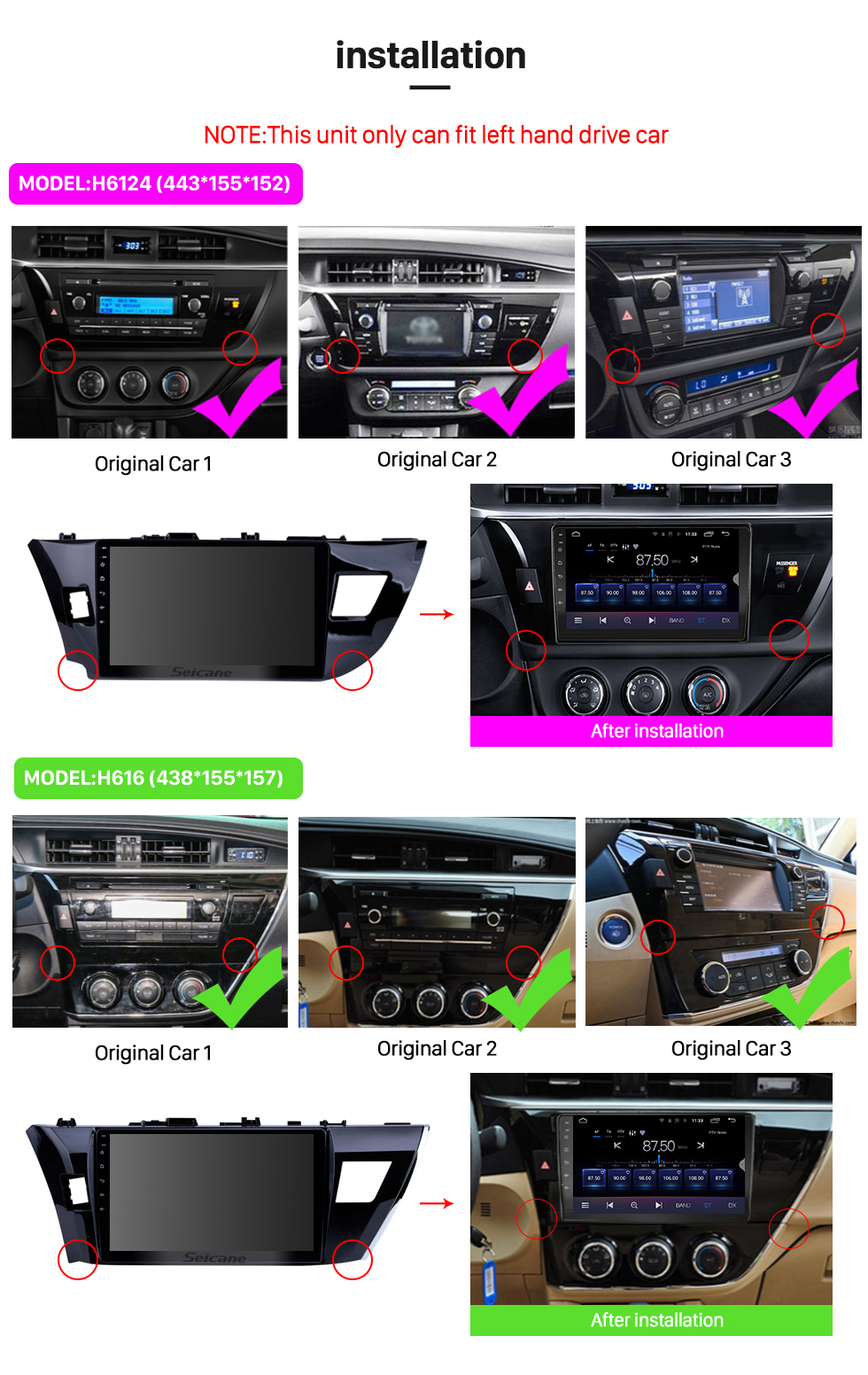 Seicane 10.1 pouces Android 10.0 écran tactile radio Bluetooth système de navigation GPS pour Toyota Corolla 11 2012-2014 2015 2016 E170 E180 prise en charge TPMS DVR OBD II USB SD WiFi caméra arrière commande au volant HD 1080P vidéo AUX