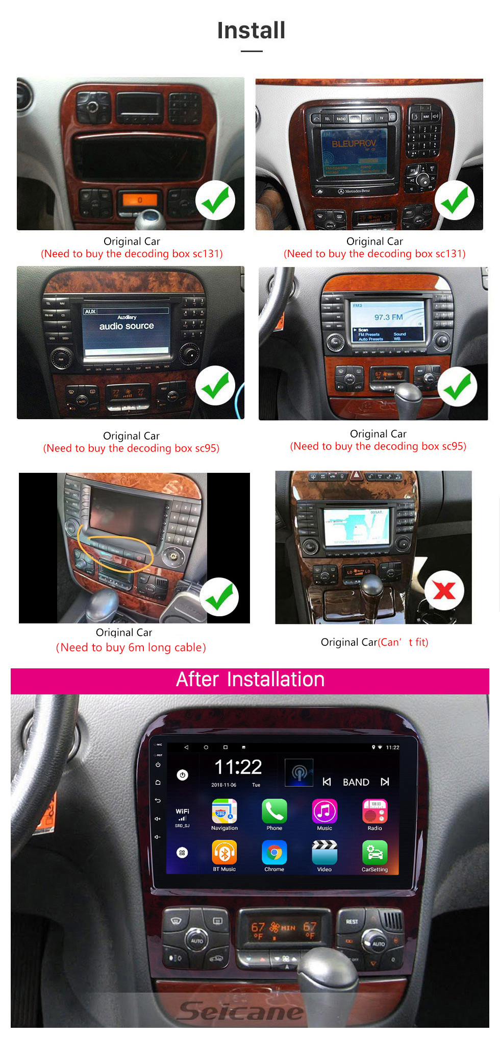 Seicane 9-Zoll-HD-Touchscreen für 1998-2005 Mercedes Benz S-Klasse W220/S280/S320/S320 CDI/S400 CDI/S350/S430/S500/S600/S55 AMG/S63 AMG/S65 AMG Radio Autoradio Bluetooth Autoradio sSystemunterstützung Bild in Bild
