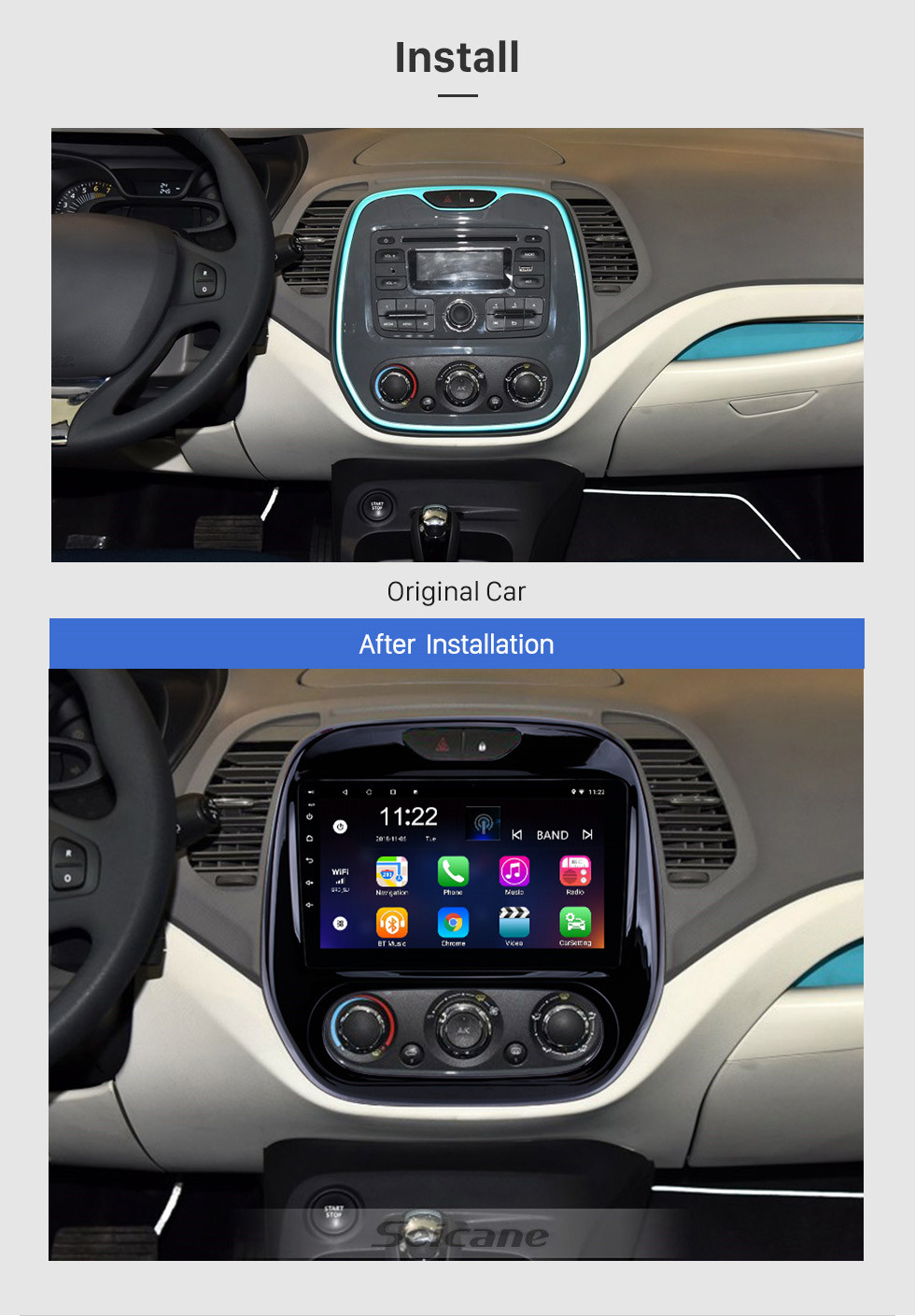Seicane 2011-2016 Renault Captur CLIO Samsung QM3 Manuel A/C 9 pouces Android 10.0 Radio Navigation GPS Bluetooth WIFI USB AUX Commande au volant DVR TPMS OBD