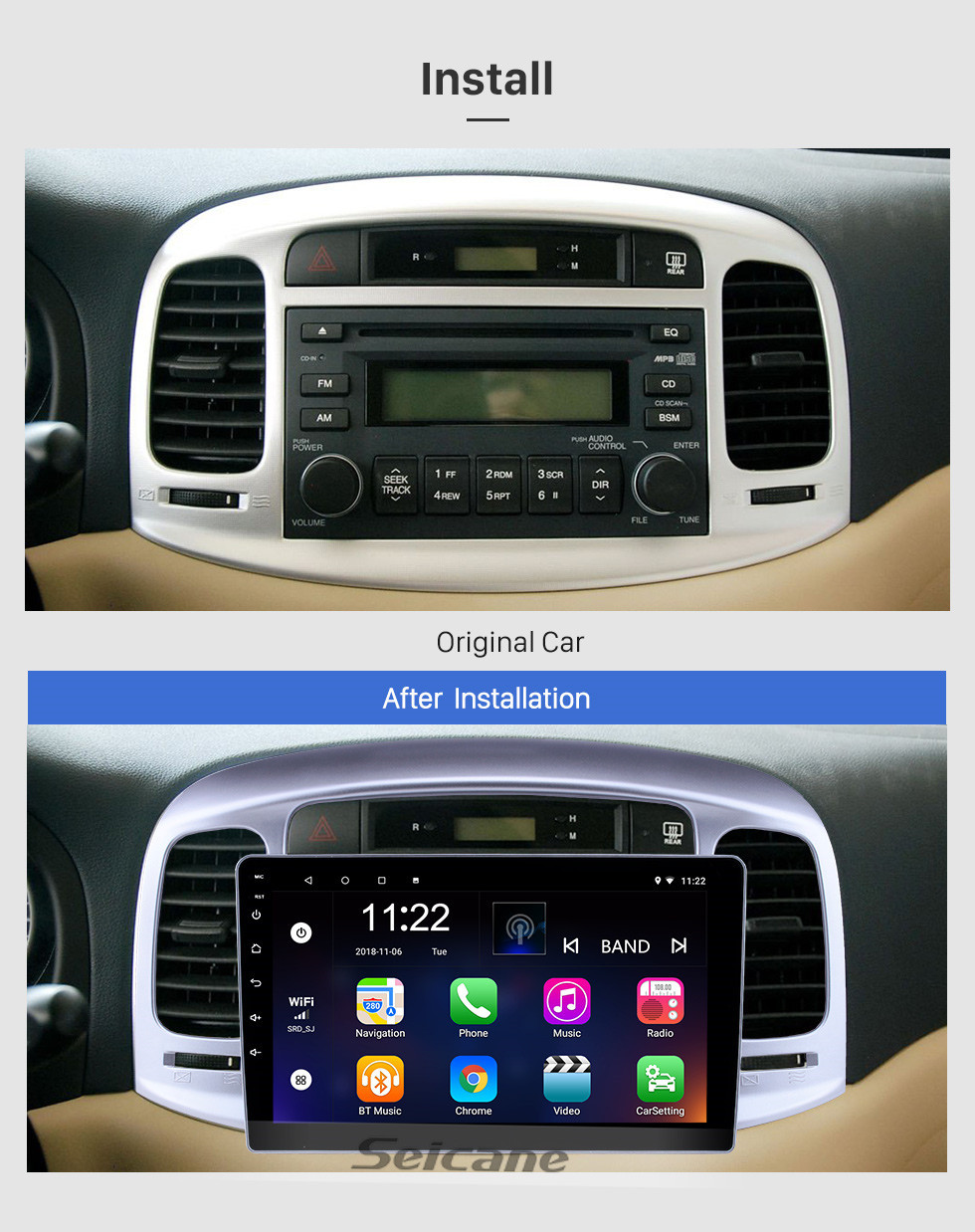 Seicane 2006-2011 Hyundai Accent Touchscreen Android 10.0 9-Zoll-Kopfeinheit Bluetooth Stereo mit Musik AUX Wlan Unterstützung DAB + OBD2 DVR Lenkradsteuerung